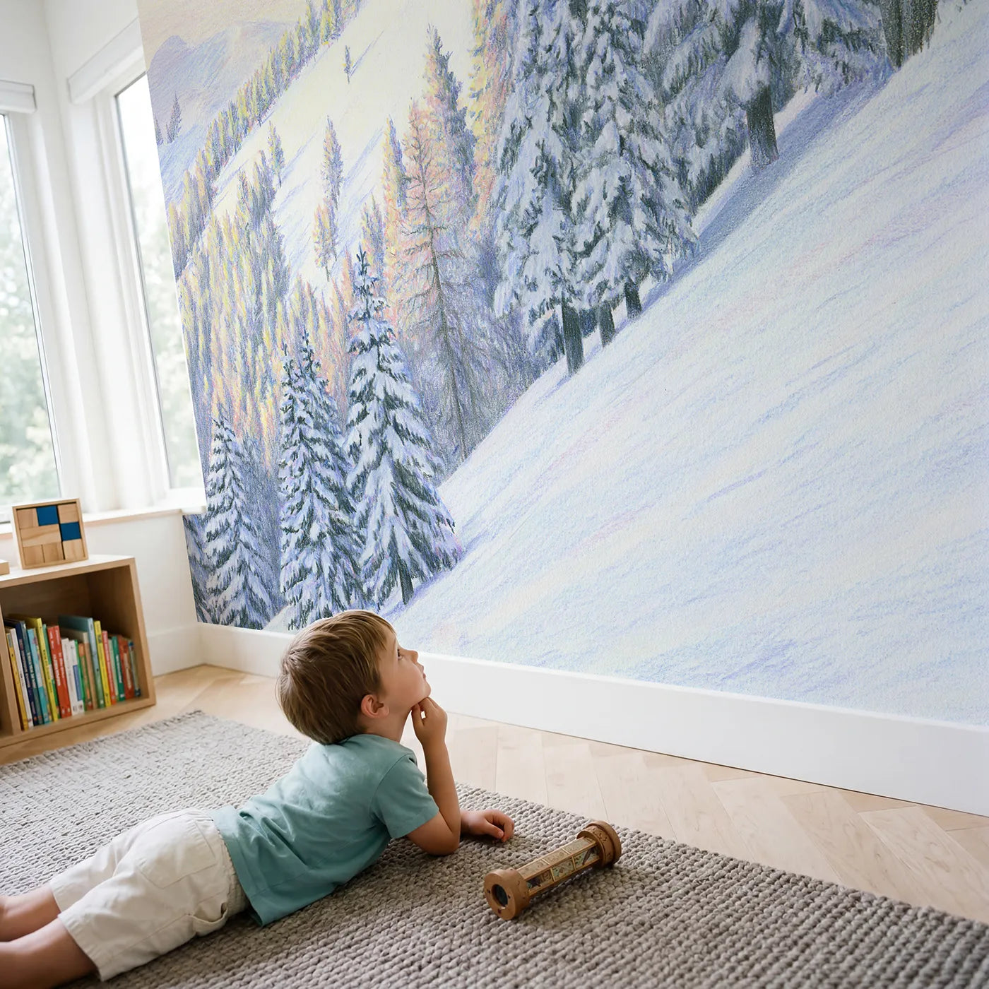 Child in nursery with Snowy Fir Slope Wallpaper Mural by Whimsy Tots