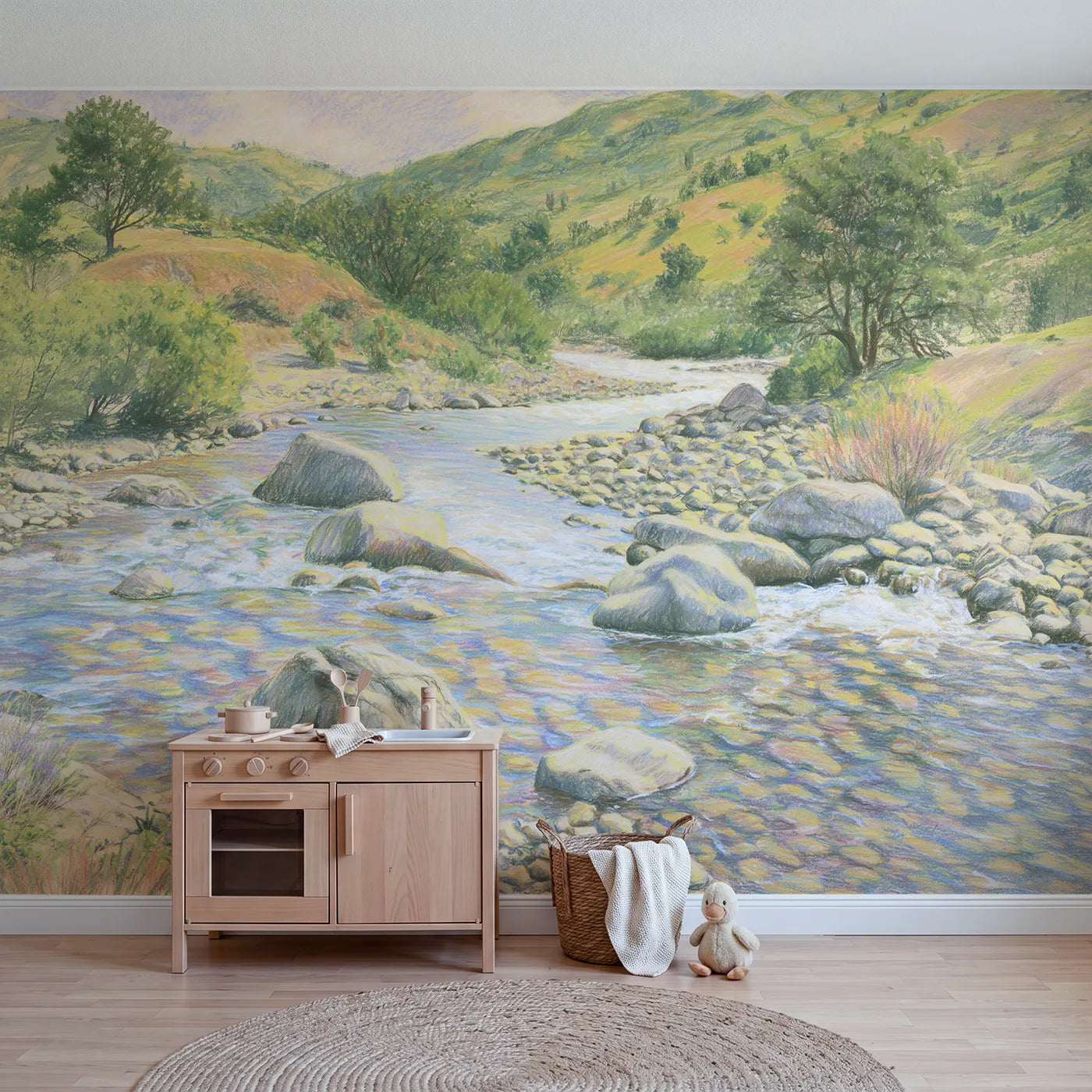 Colored-pencil wall mural of a sun-dappled mountain stream by Whimsy Tots