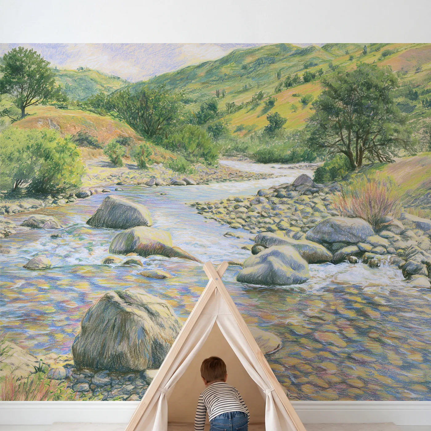 Child in nursery with Sun-Dappled Mountain Stream Wallpaper Mural by Whimsy Tots