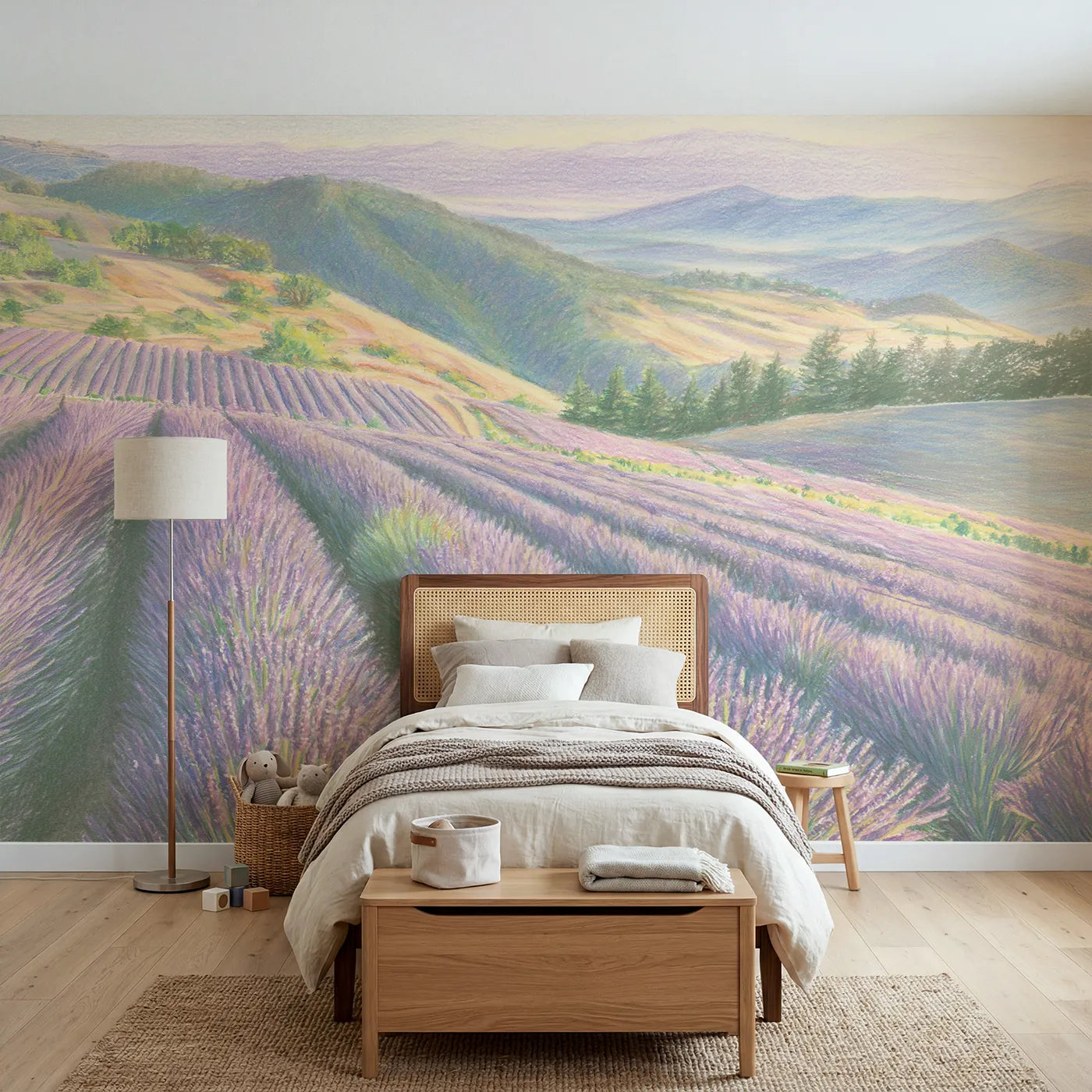 Colored-pencil wall mural of lavender rows over hills by Whimsy Tots