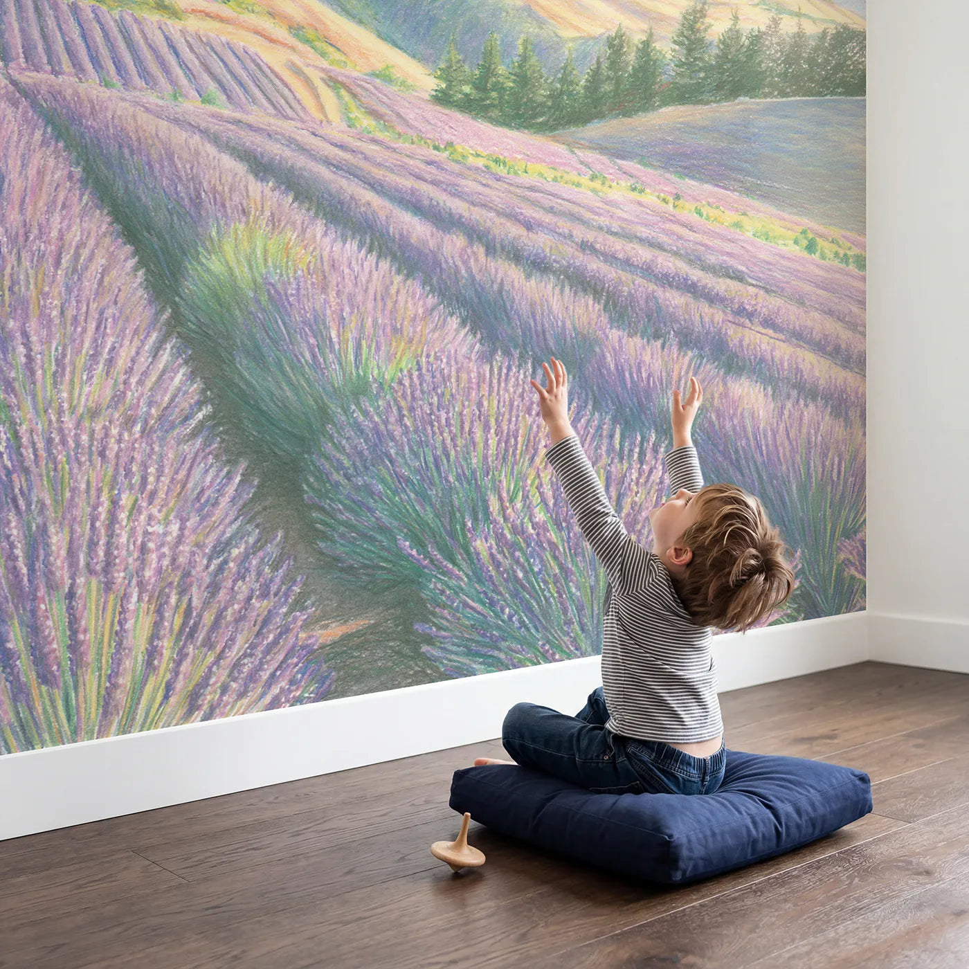 Child in nursery with Lavender Hills Wallpaper Mural by Whimsy Tots