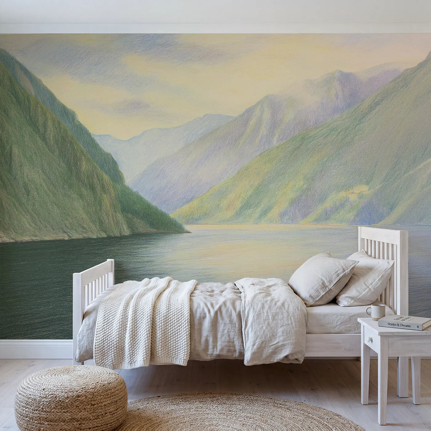 Colored-pencil wall mural of a calm misty fjord by Whimsy Tots