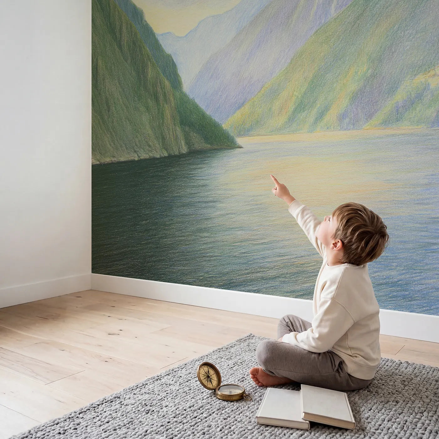 Child in nursery with Misty Fjord Wallpaper Mural by Whimsy Tots