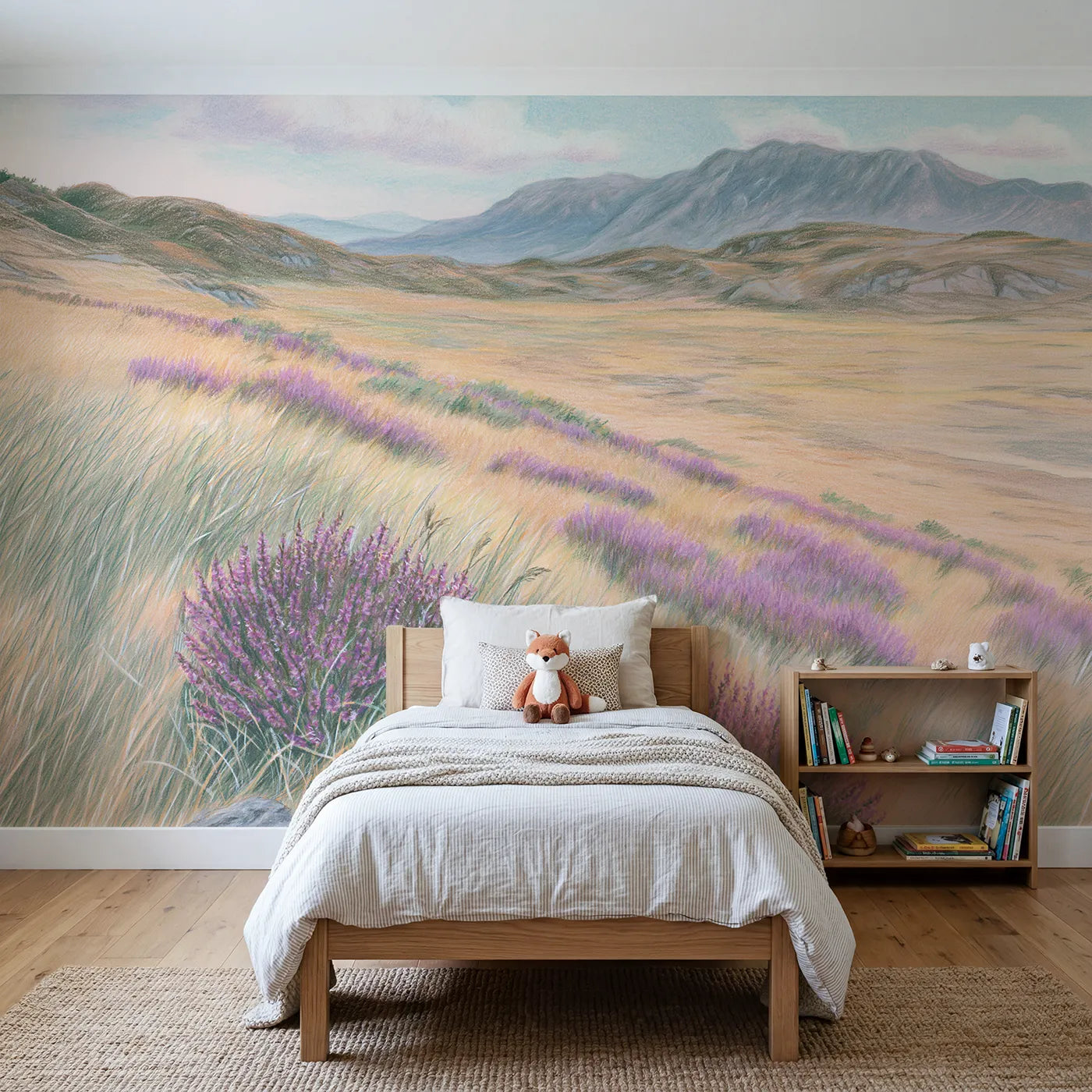 Colored-pencil wall mural of a purple heather moor by Whimsy Tots