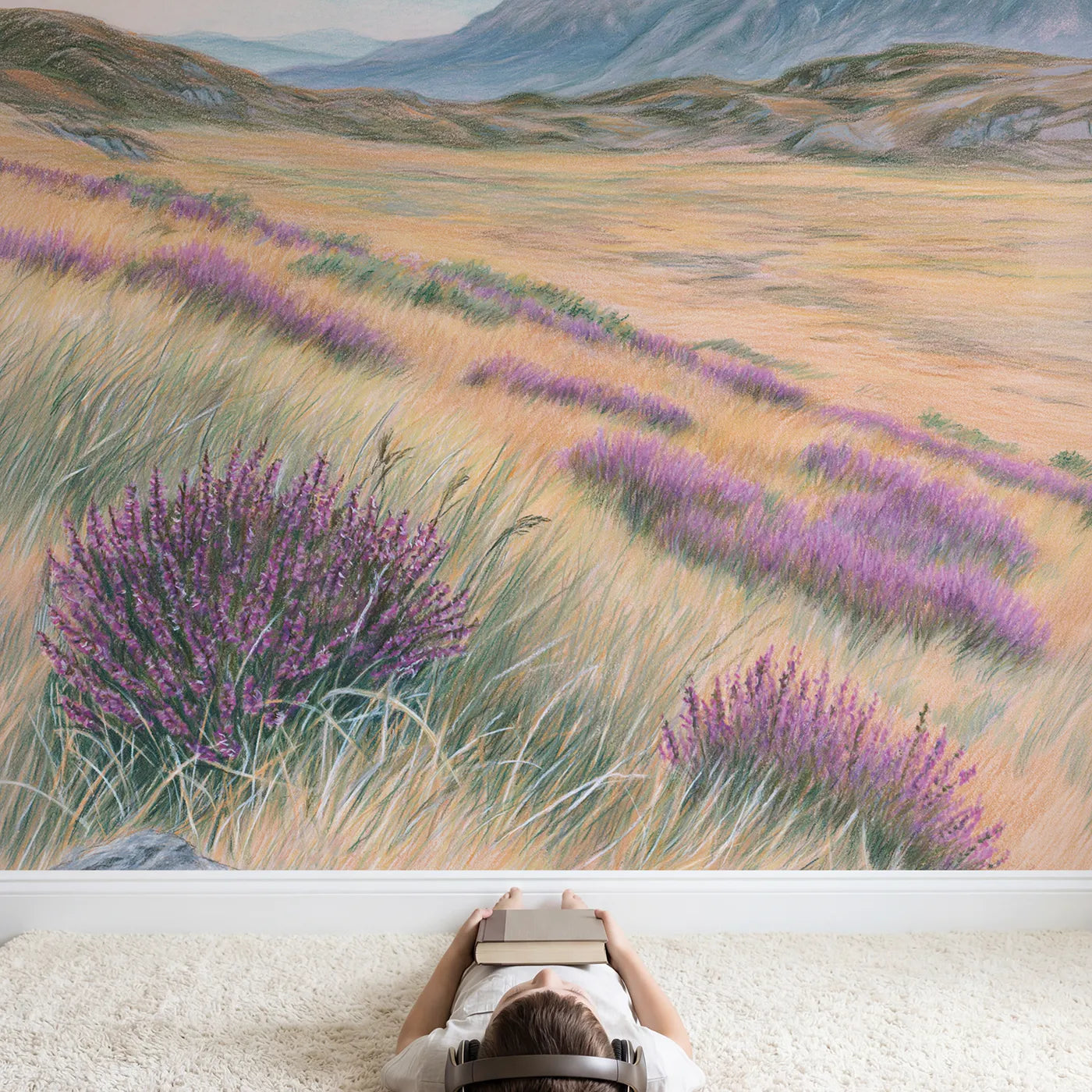 Child in nursery with Highland Heather Moor Wallpaper Mural by Whimsy Tots