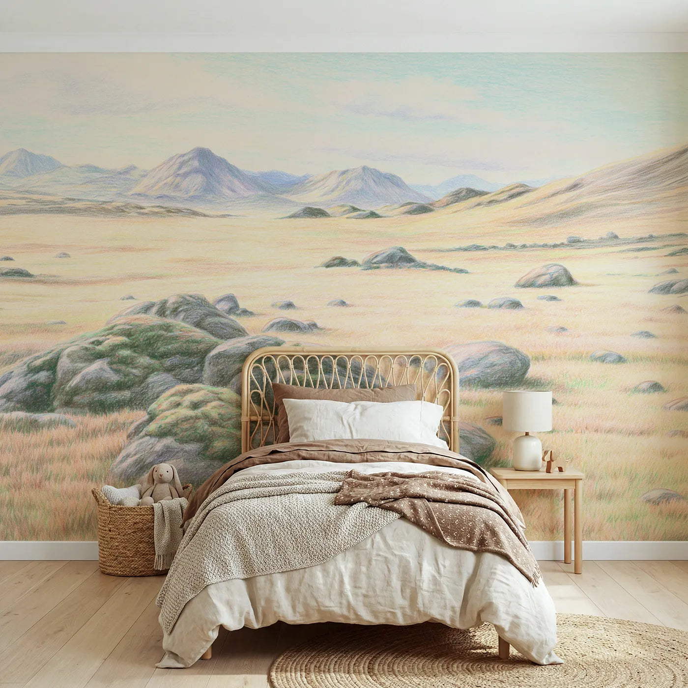 Colored-pencil wall mural of a quiet boulder plateau by Whimsy Tots