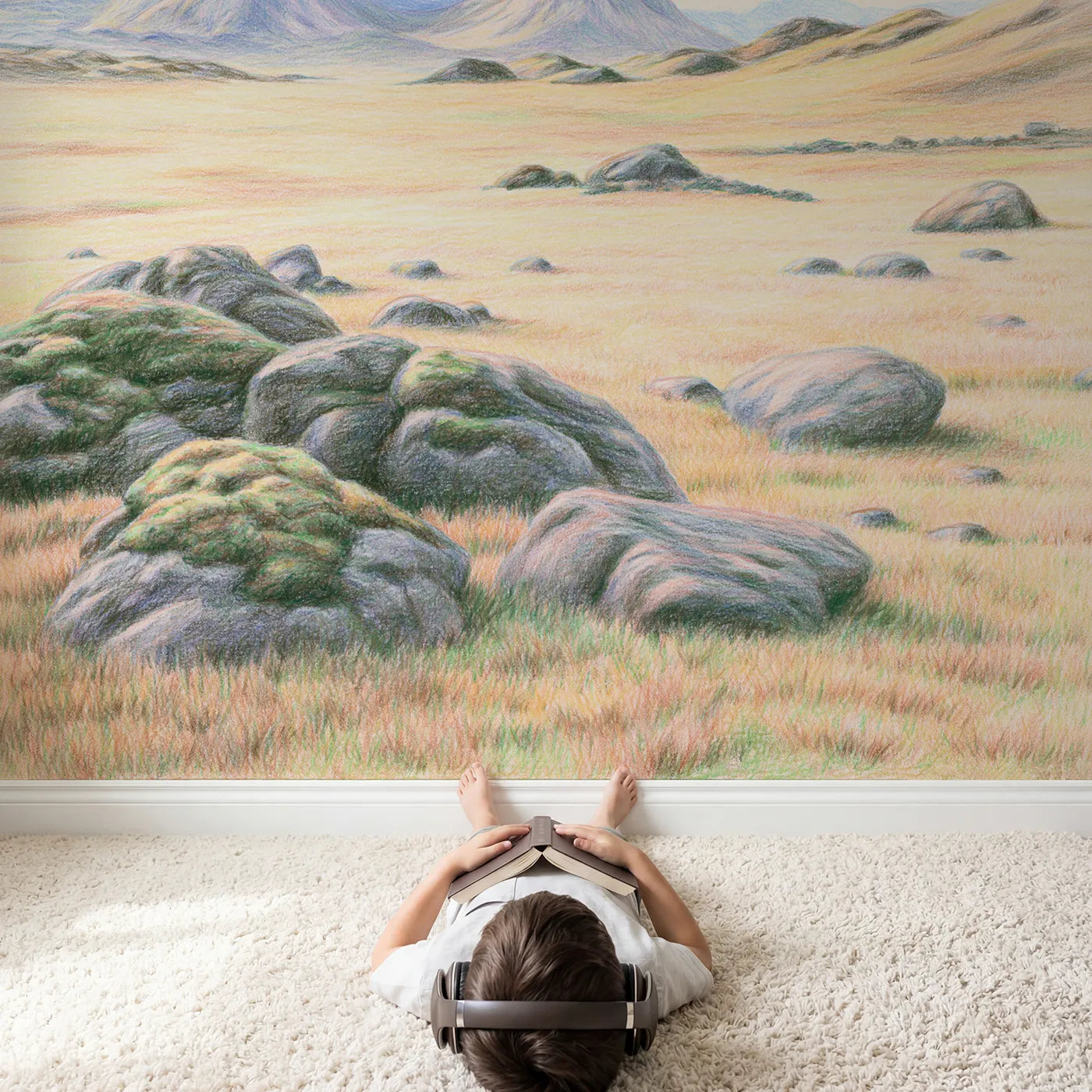 Child in nursery with Quiet Boulder Plateau Wallpaper Mural by Whimsy Tots