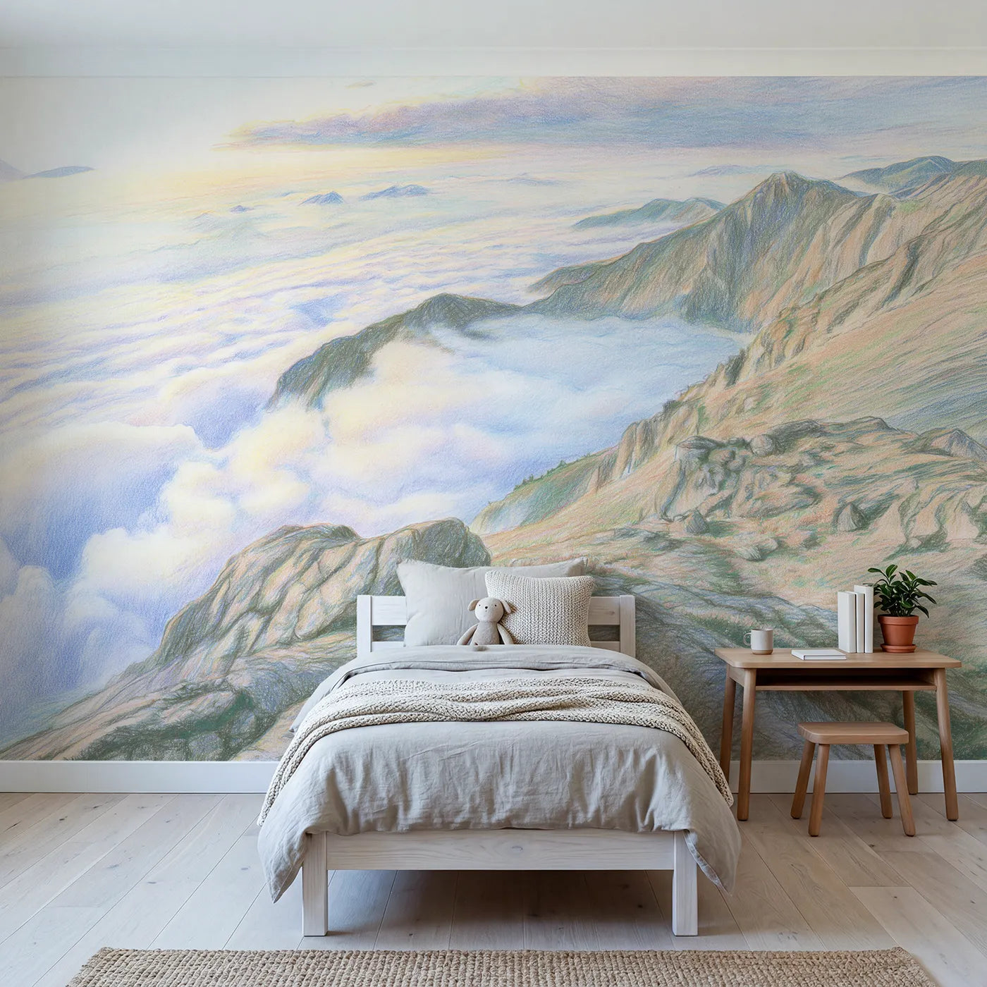 Colored-pencil wall mural of a summit above the clouds by Whimsy Tots