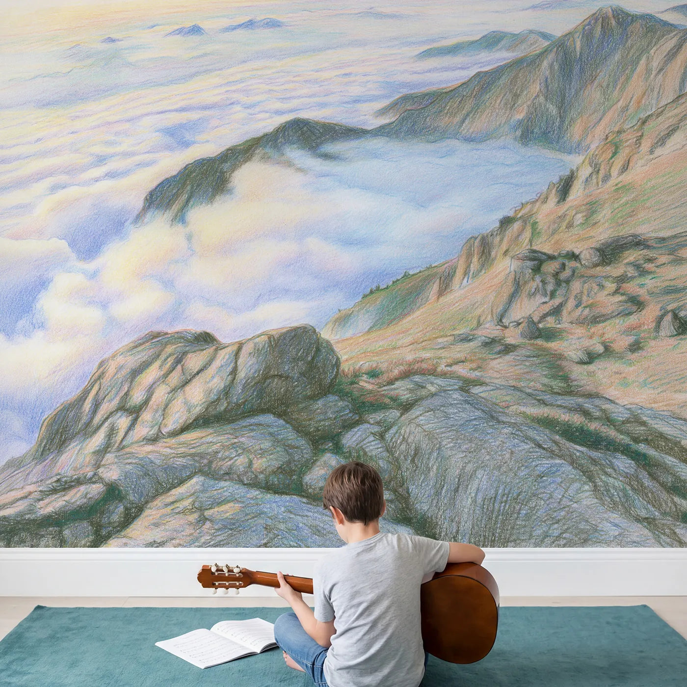 Child in nursery with Above the Clouds Wallpaper Mural by Whimsy Tots