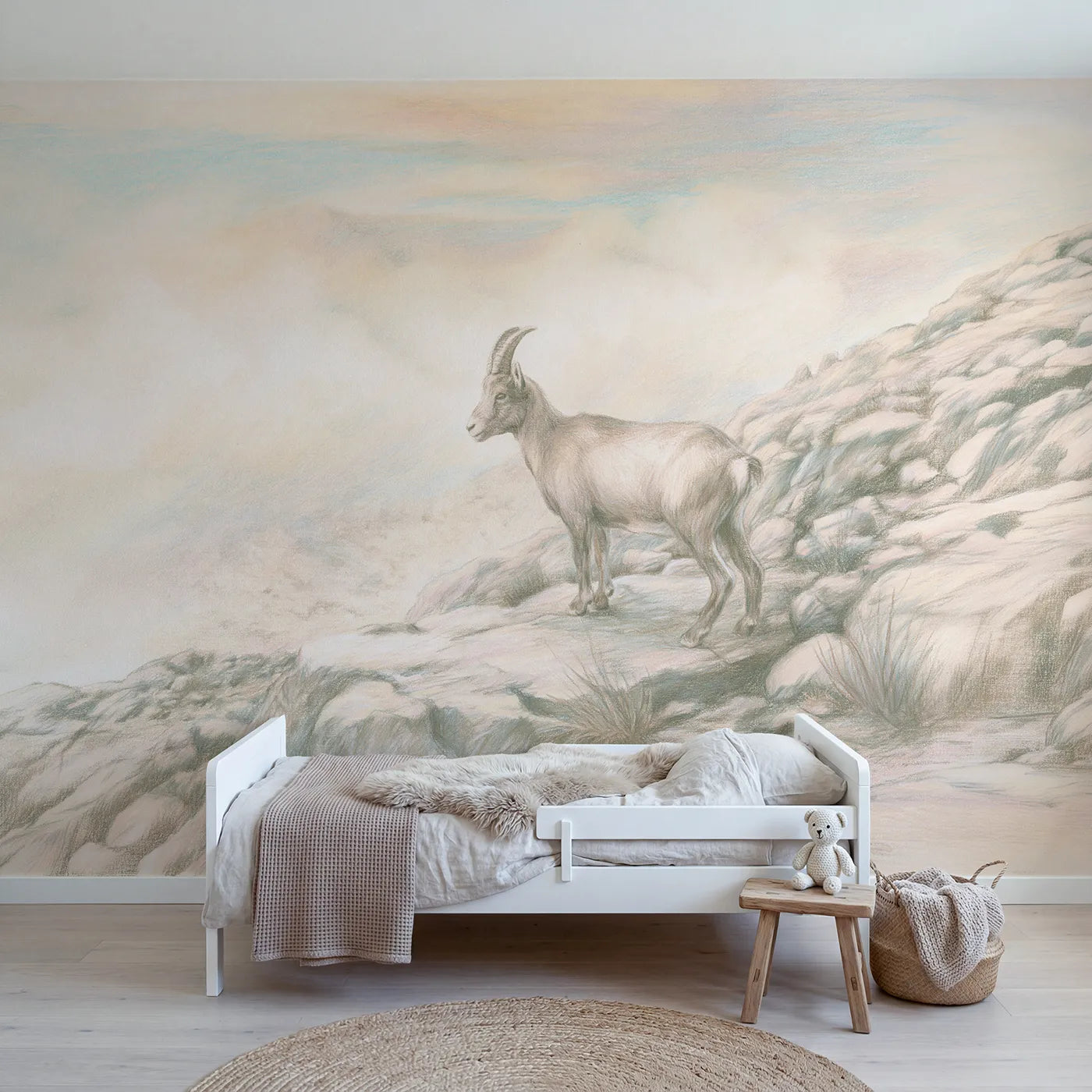 Colored-pencil wall mural of a goat on a rocky ledge by Whimsy Tots