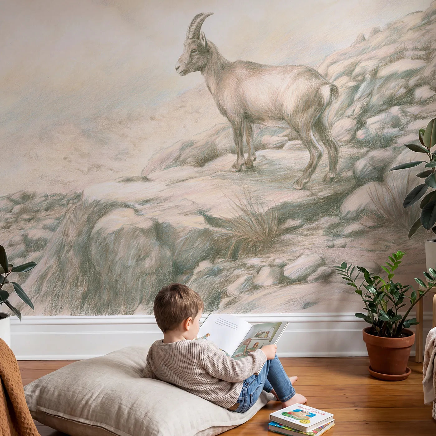 Child in nursery with Mountain Goat on a Ledge Wallpaper Mural by Whimsy Tots