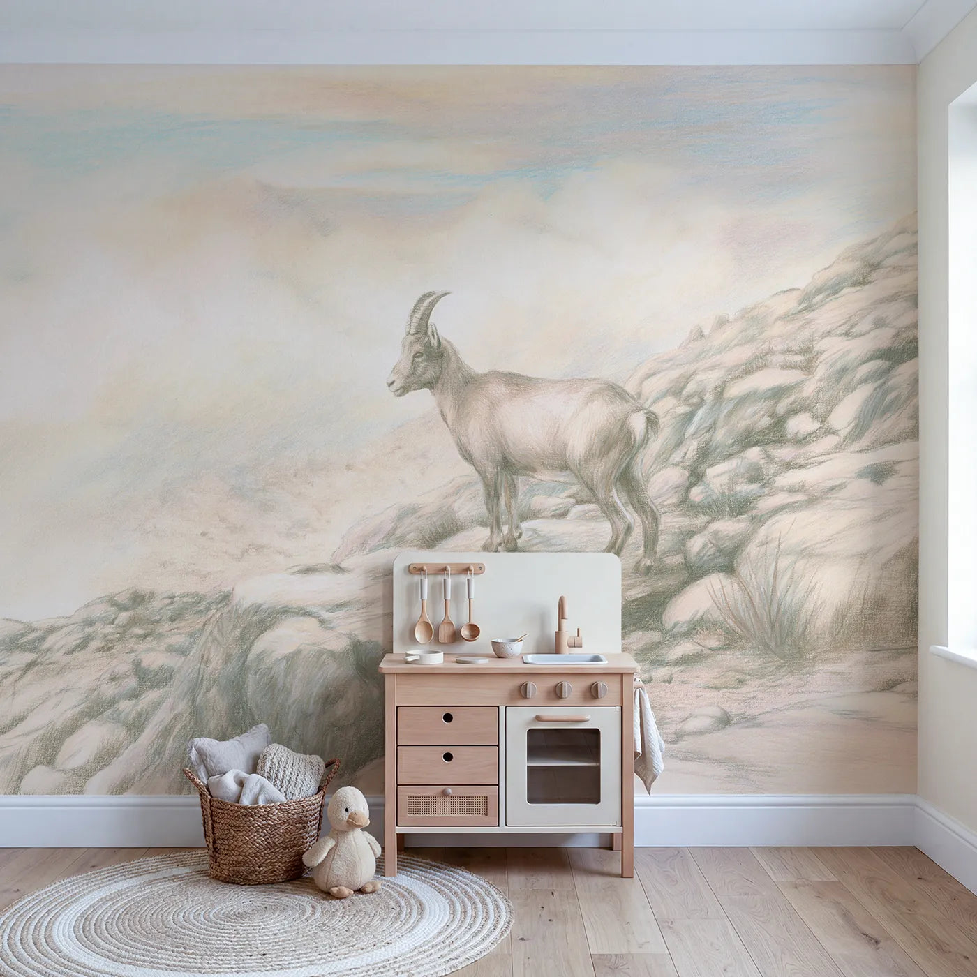 Mountain Goat on a Ledge Wallpaper Mural in playroom setting by Whimsy Tots