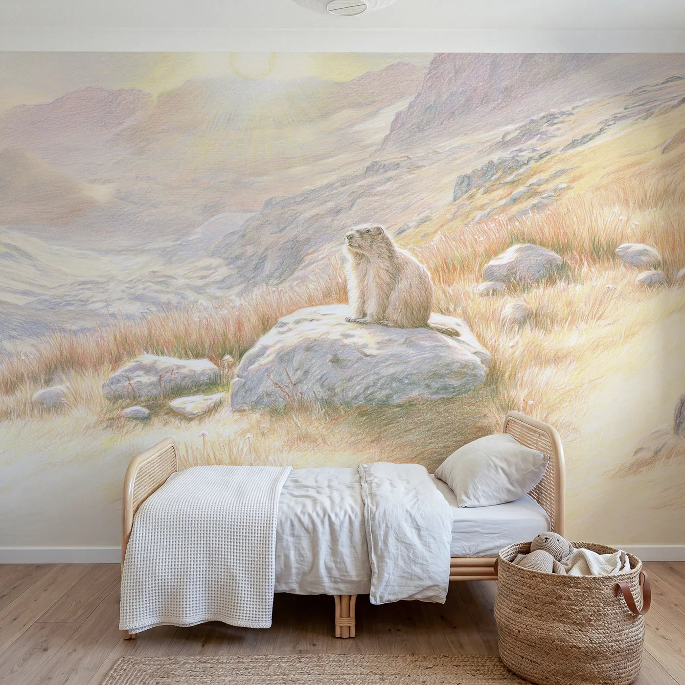 Colored-pencil wall mural of a marmot on a boulder by Whimsy Tots