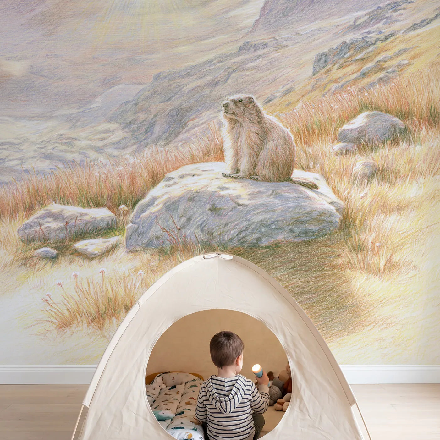 Child in nursery with Marmot on a Boulder Wallpaper Mural by Whimsy Tots