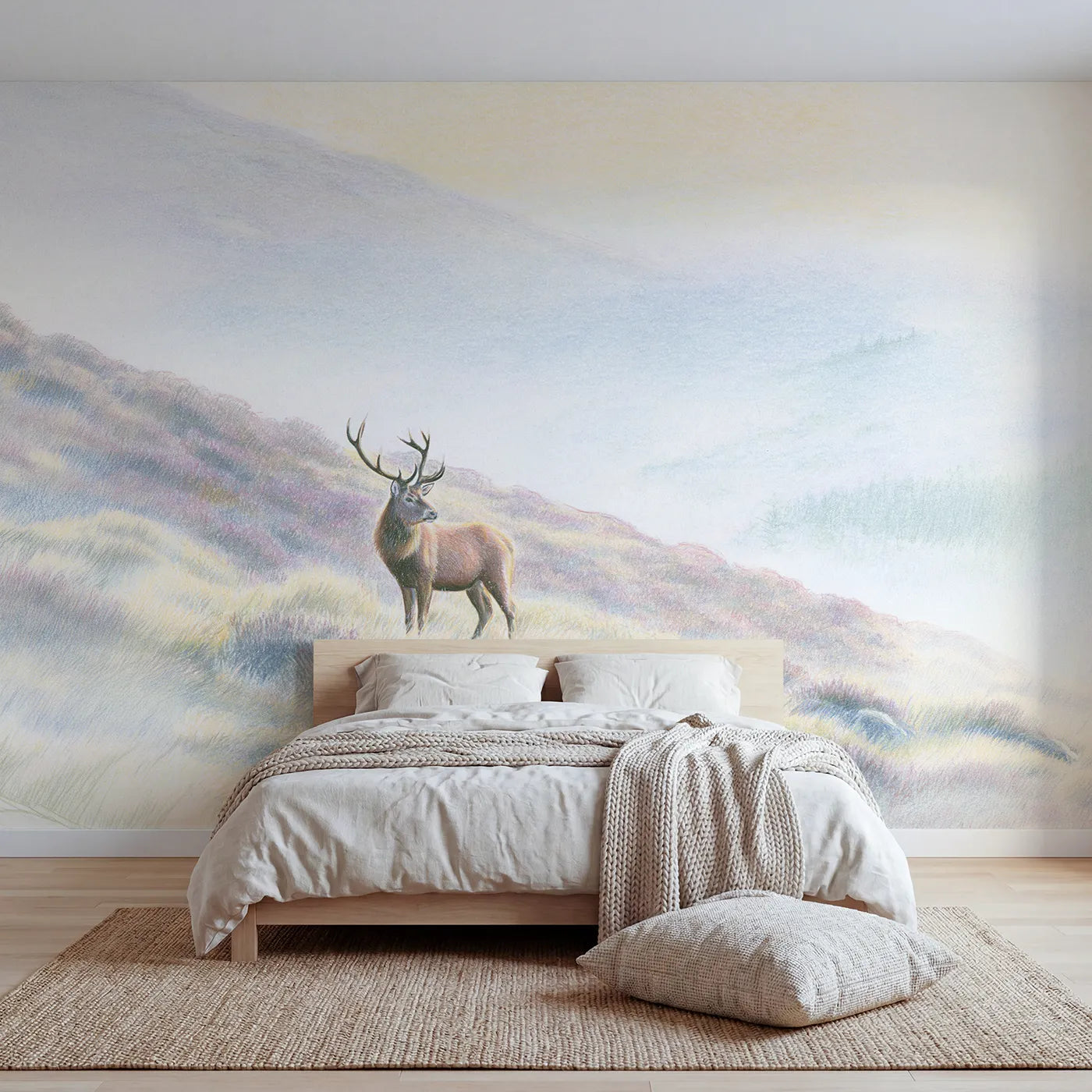 Colored-pencil wall mural of a stag on a misty ridge by Whimsy Tots