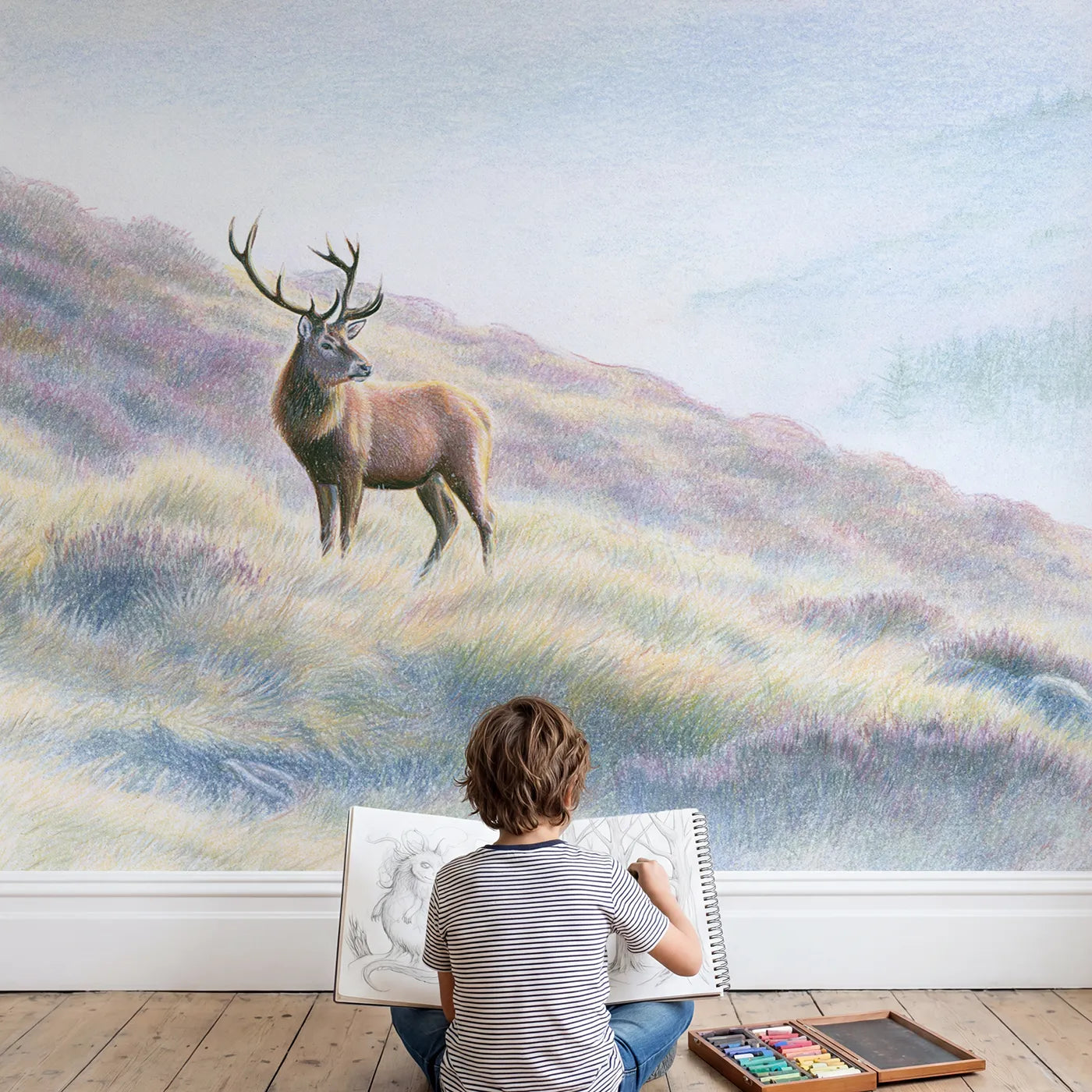 Child in nursery with Red Deer Stag on the Ridge Wallpaper Mural by Whimsy Tots