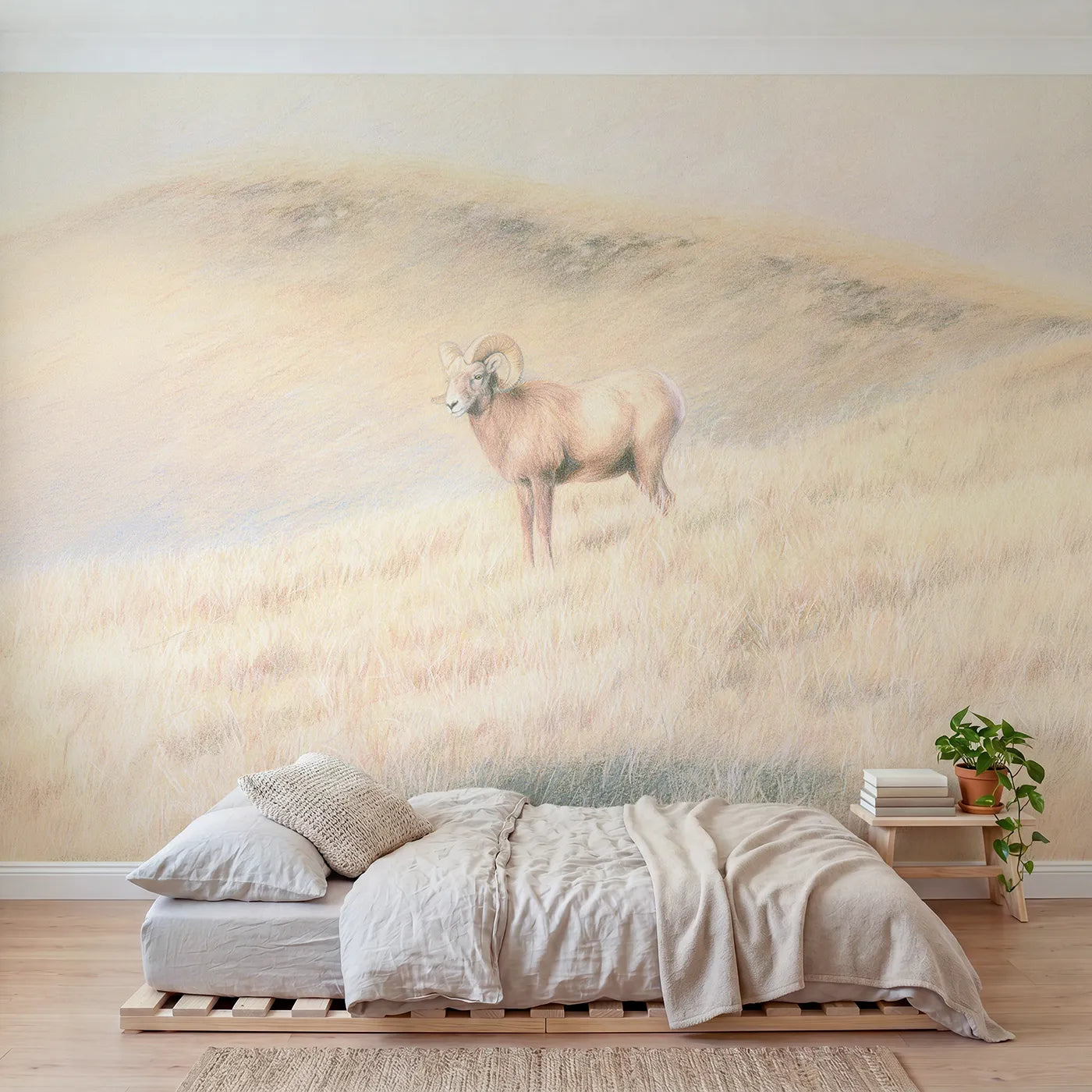 Colored-pencil wall mural of a bighorn on a grassy slope by Whimsy Tots