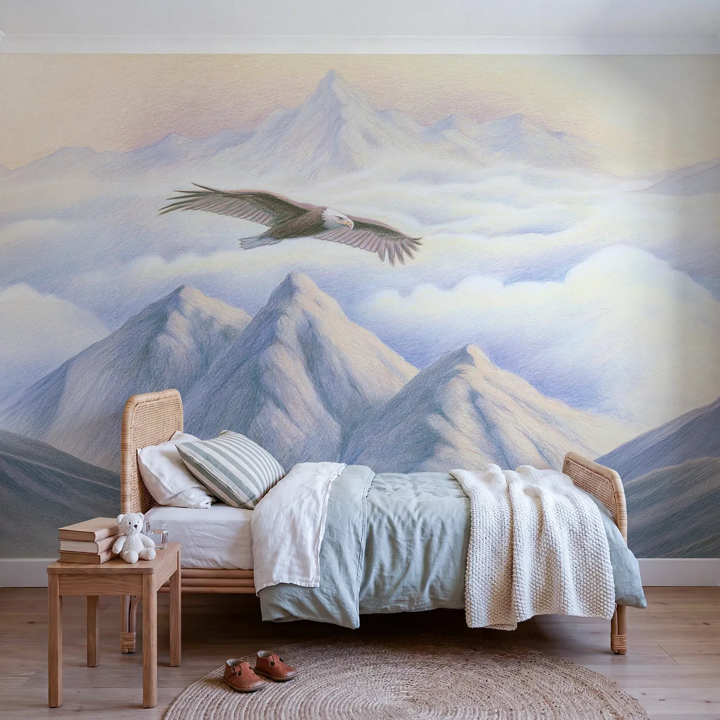 Colored-pencil wall mural of an eagle above the peaks by Whimsy Tots