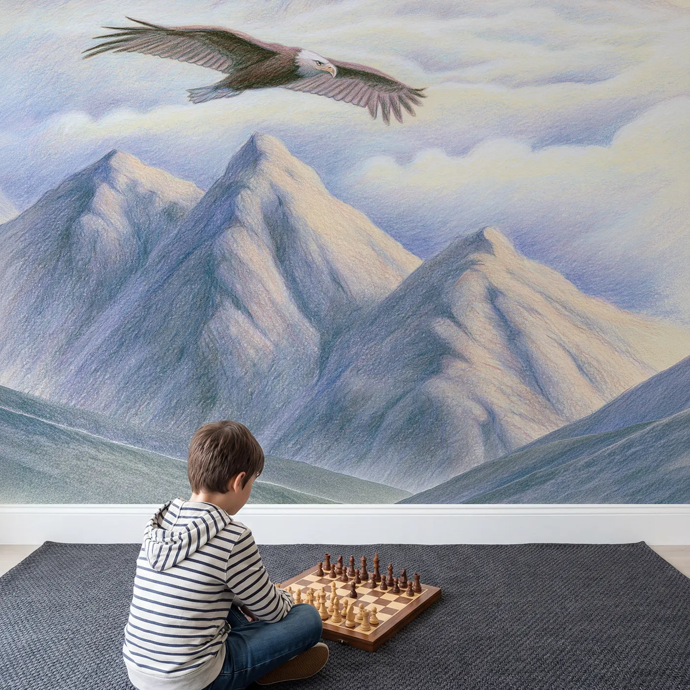 Child in nursery with Soaring Eagle Wallpaper Mural by Whimsy Tots