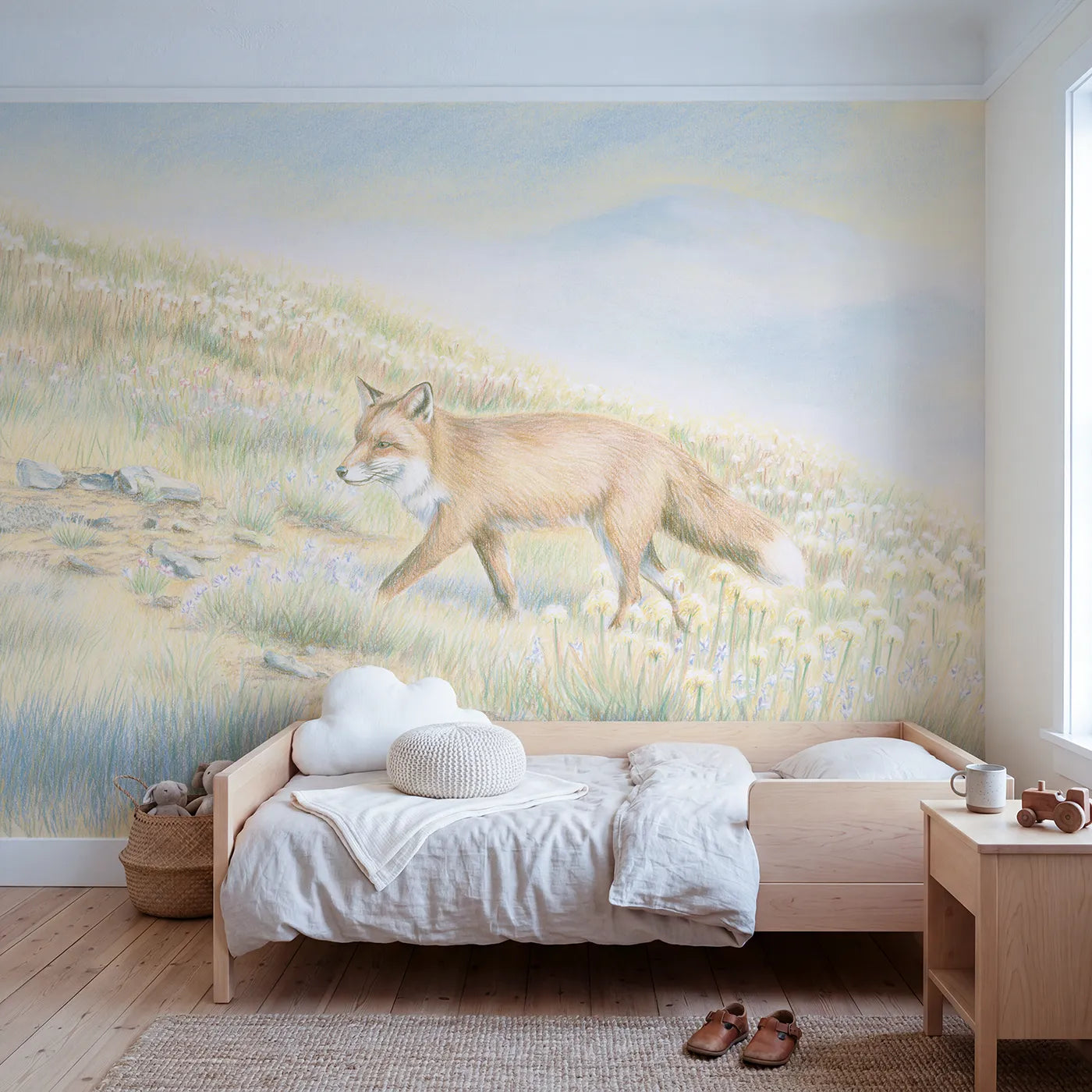 Colored-pencil wall mural of a fox in an alpine meadow by Whimsy Tots