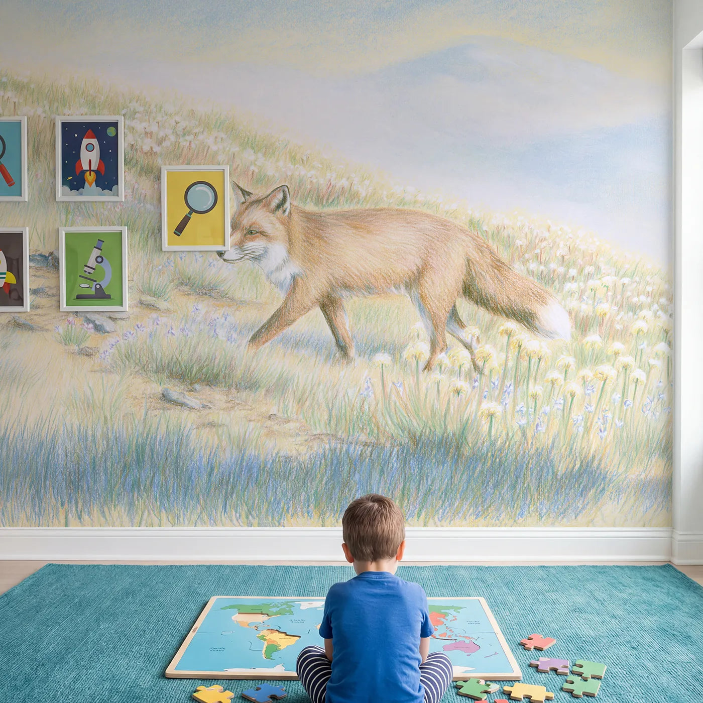 Child in nursery with Fox in an Alpine Meadow Wallpaper Mural by Whimsy Tots