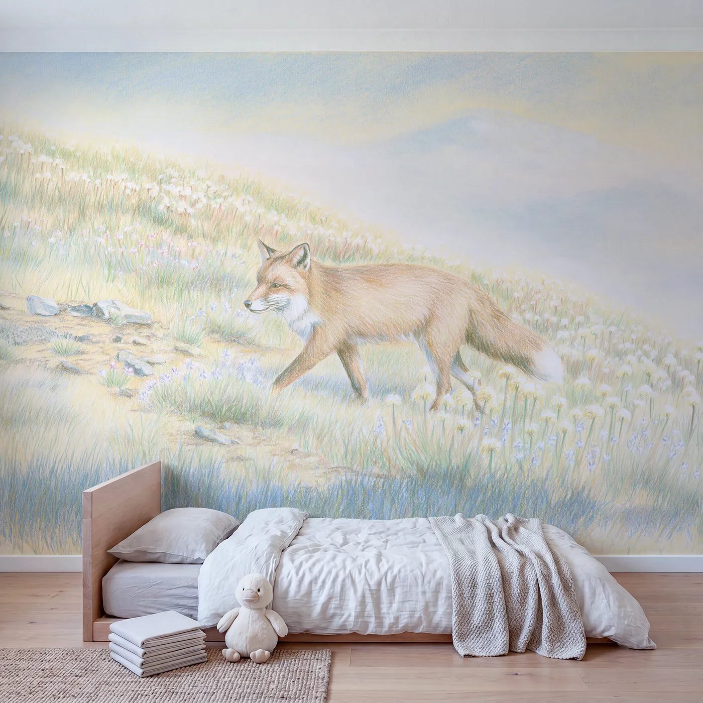 Fox in an Alpine Meadow Wallpaper Mural in playroom setting by Whimsy Tots