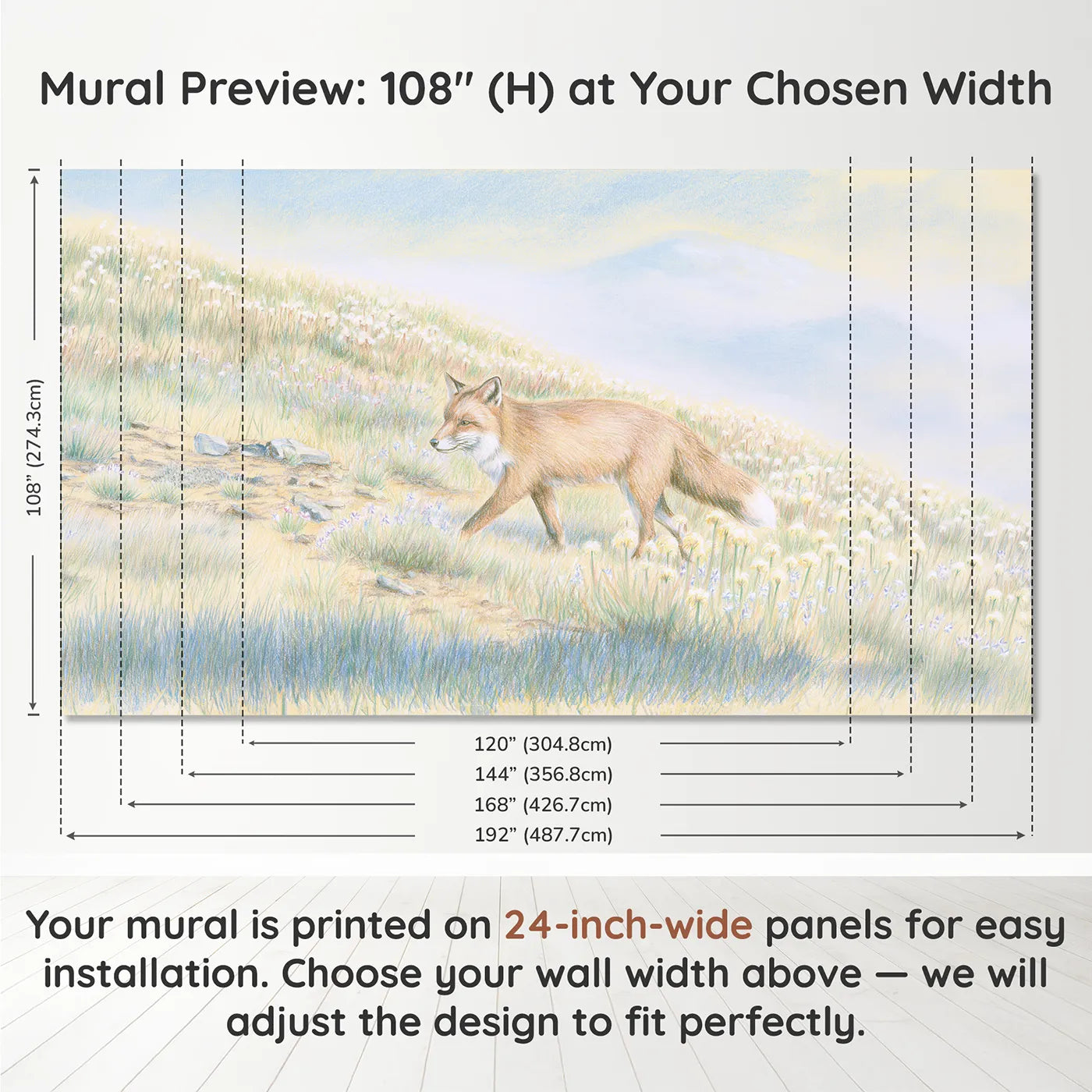 Panel layout and dimensions for Fox in an Alpine Meadow Wallpaper Mural by Whimsy Tots