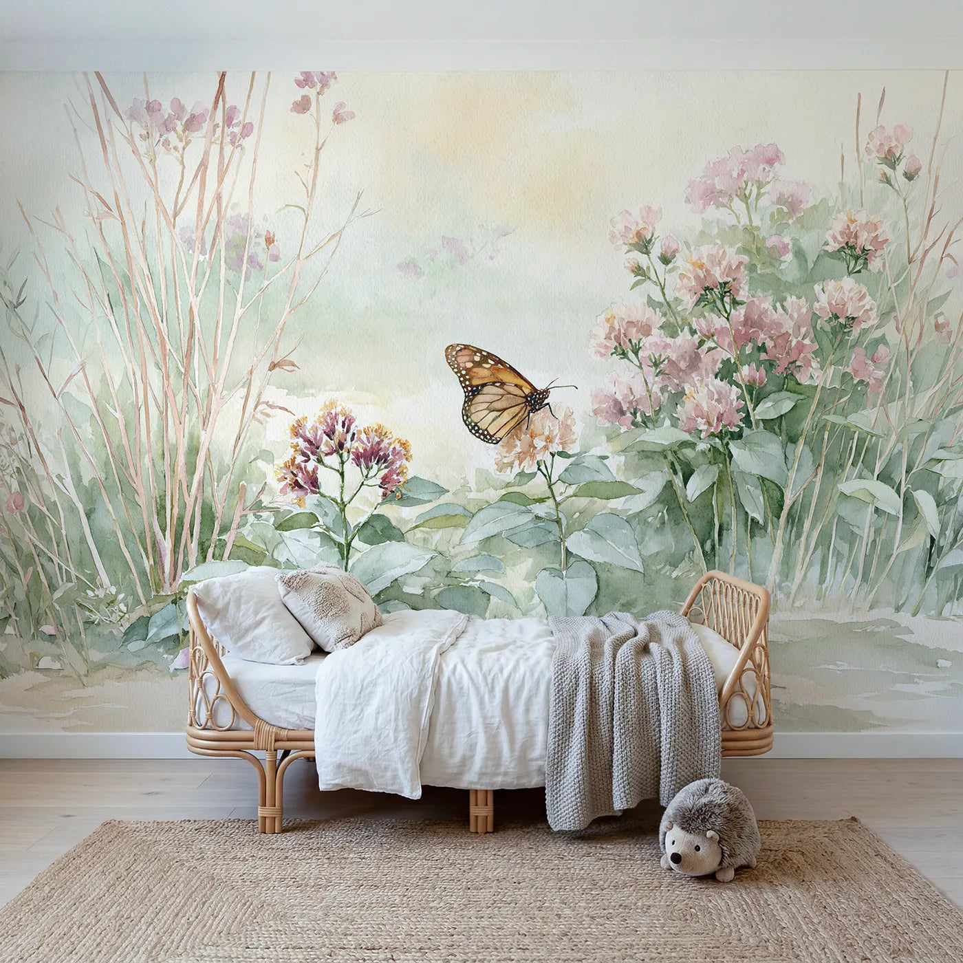 Watercolor wall mural of a monarch on a garden bloom by Whimsy Tots