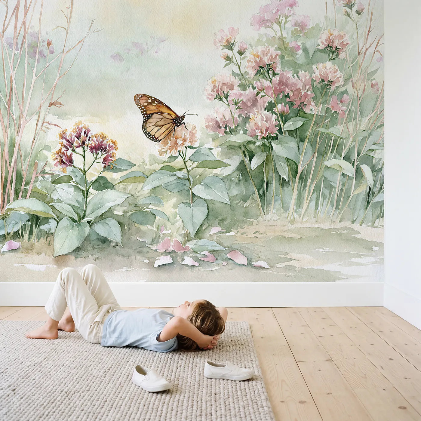 Child in nursery with Monarch Butterfly Study Wallpaper Mural by Whimsy Tots