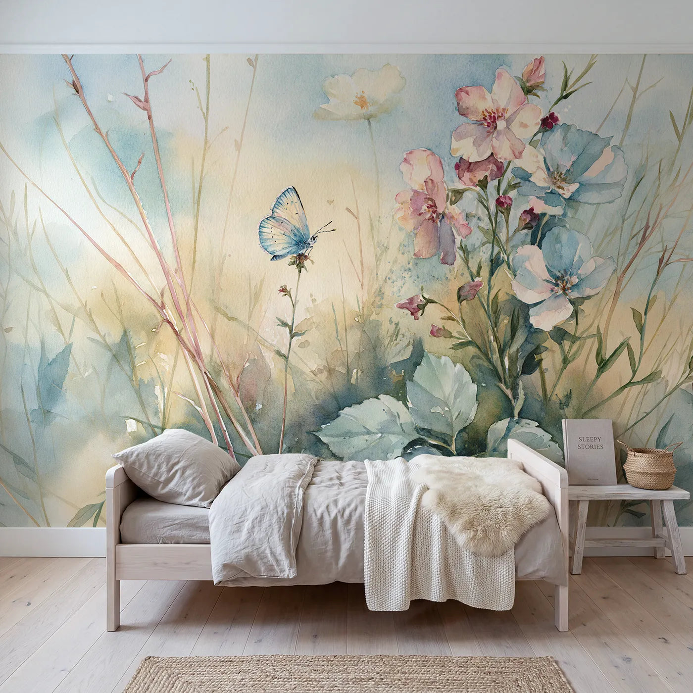 Watercolor wall mural of a blue butterfly on a stem by Whimsy Tots