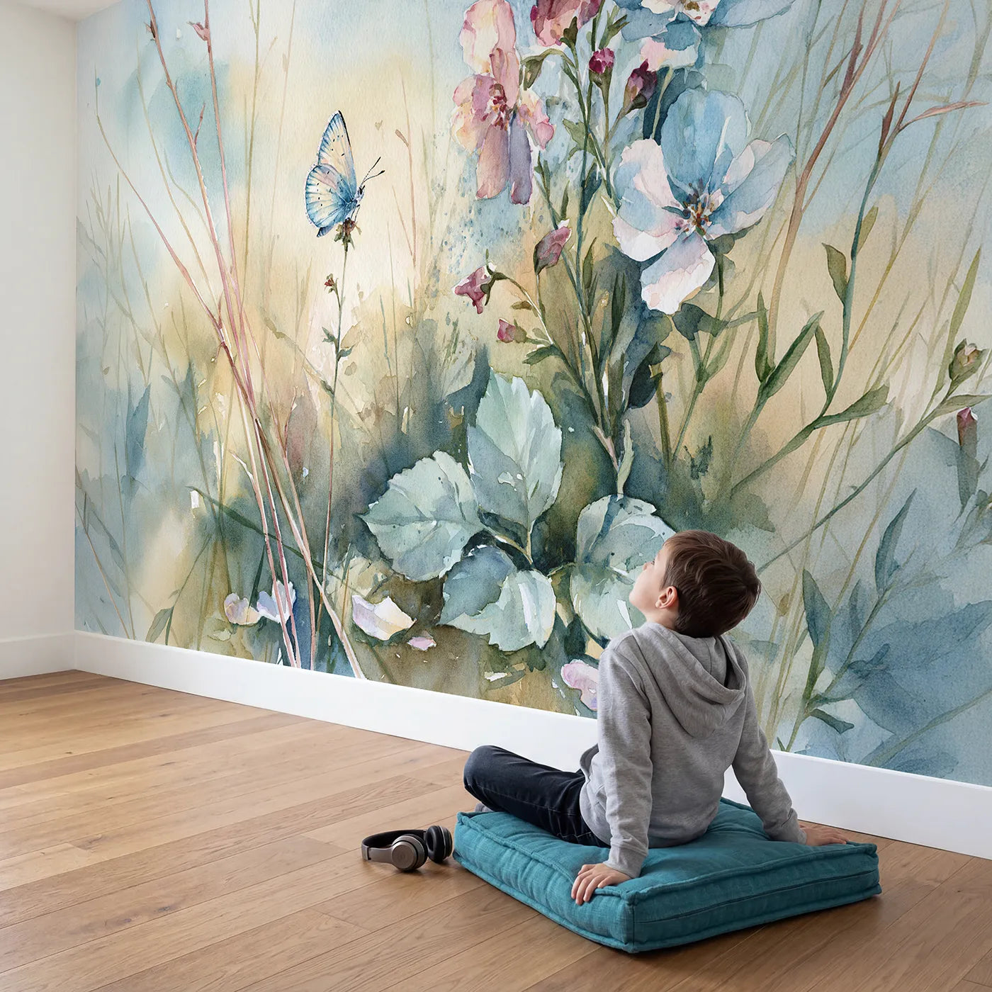 Child in nursery with Blue Butterfly Study Wallpaper Mural by Whimsy Tots
