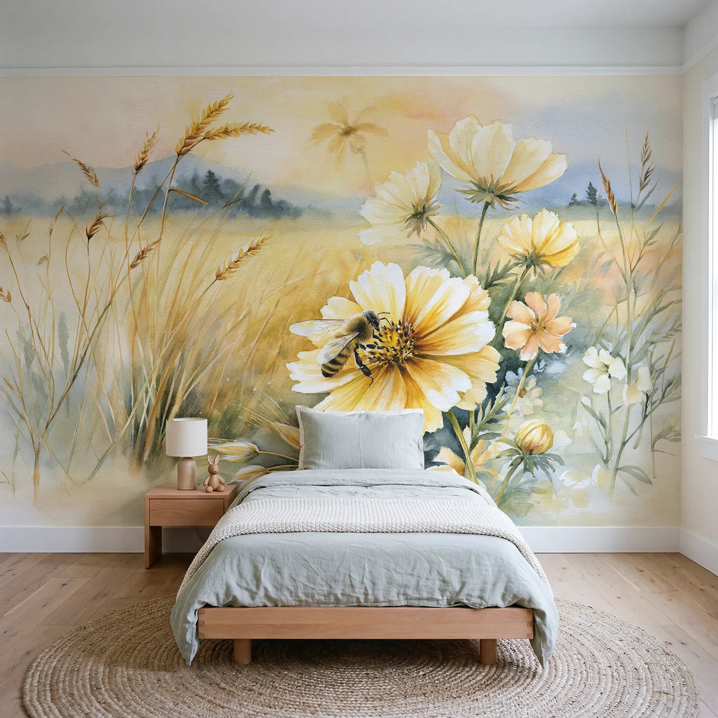 Watercolor wall mural of a honeybee on a sunny flower by Whimsy Tots