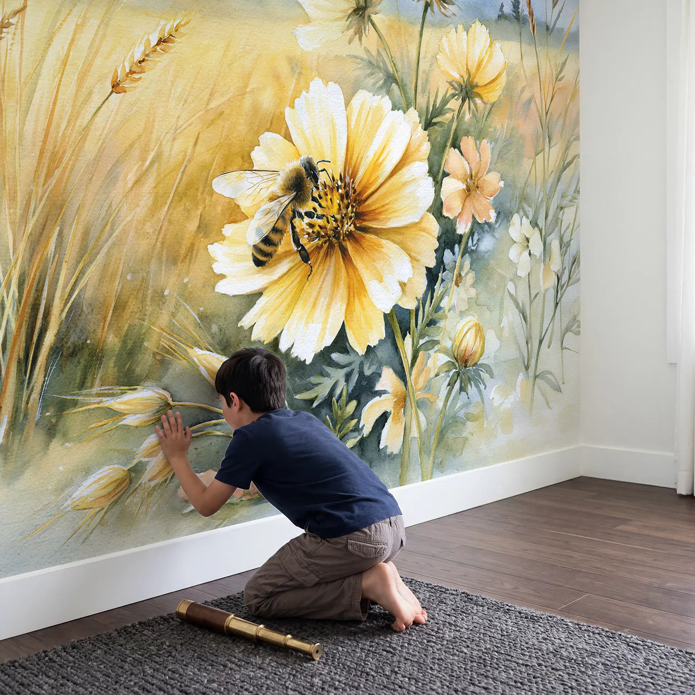Child in nursery with Honeybee Flower Study Wallpaper Mural by Whimsy Tots