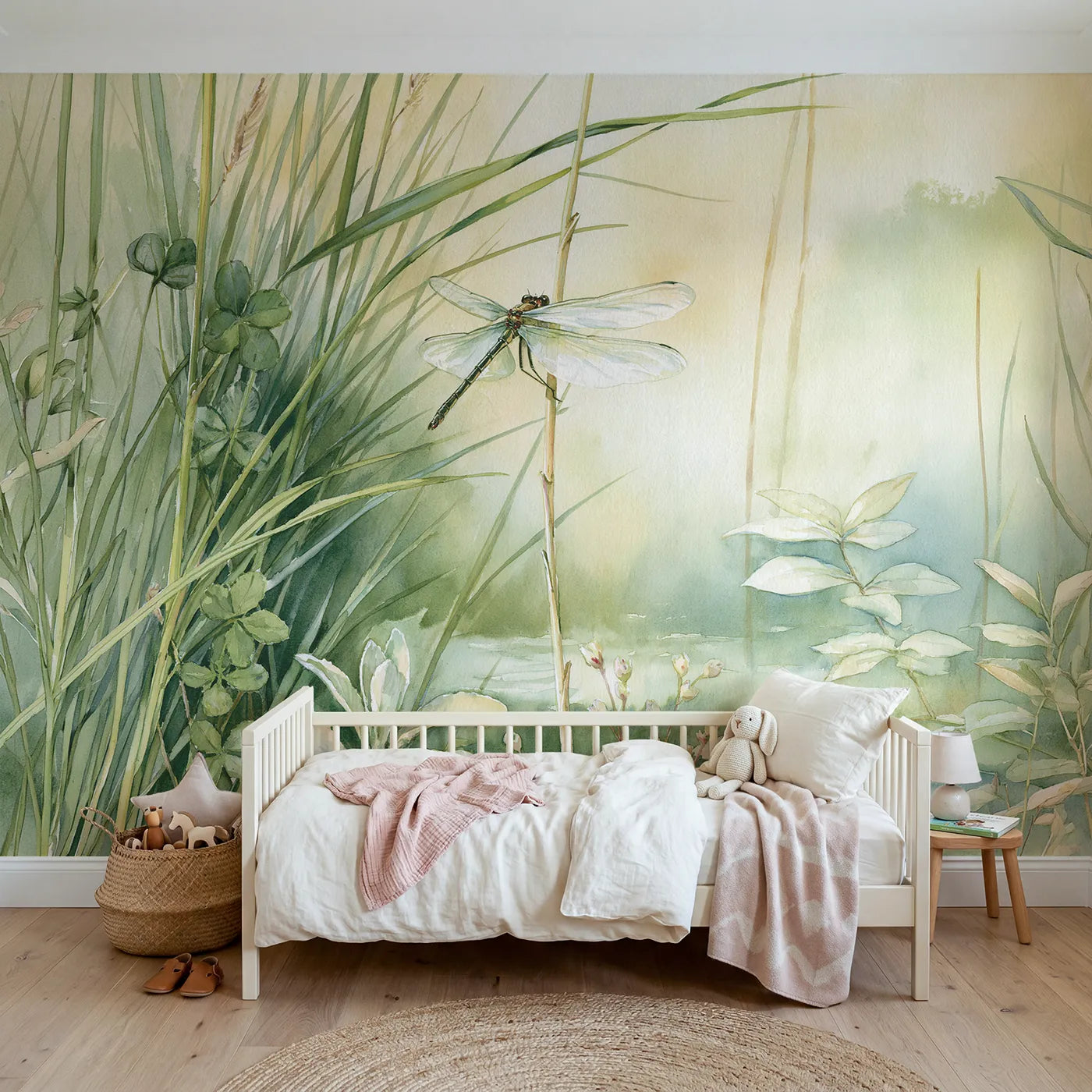 Watercolor wall mural of a dragonfly on a soft reed by Whimsy Tots