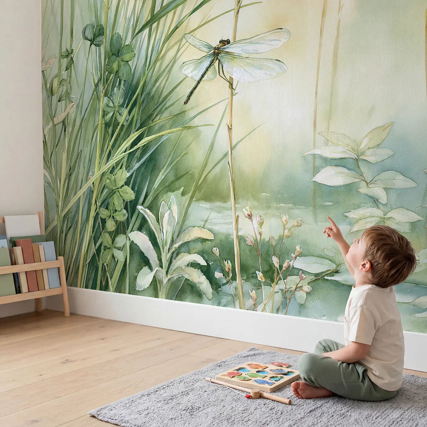 Child in nursery with Garden Dragonfly Study Wallpaper Mural by Whimsy Tots