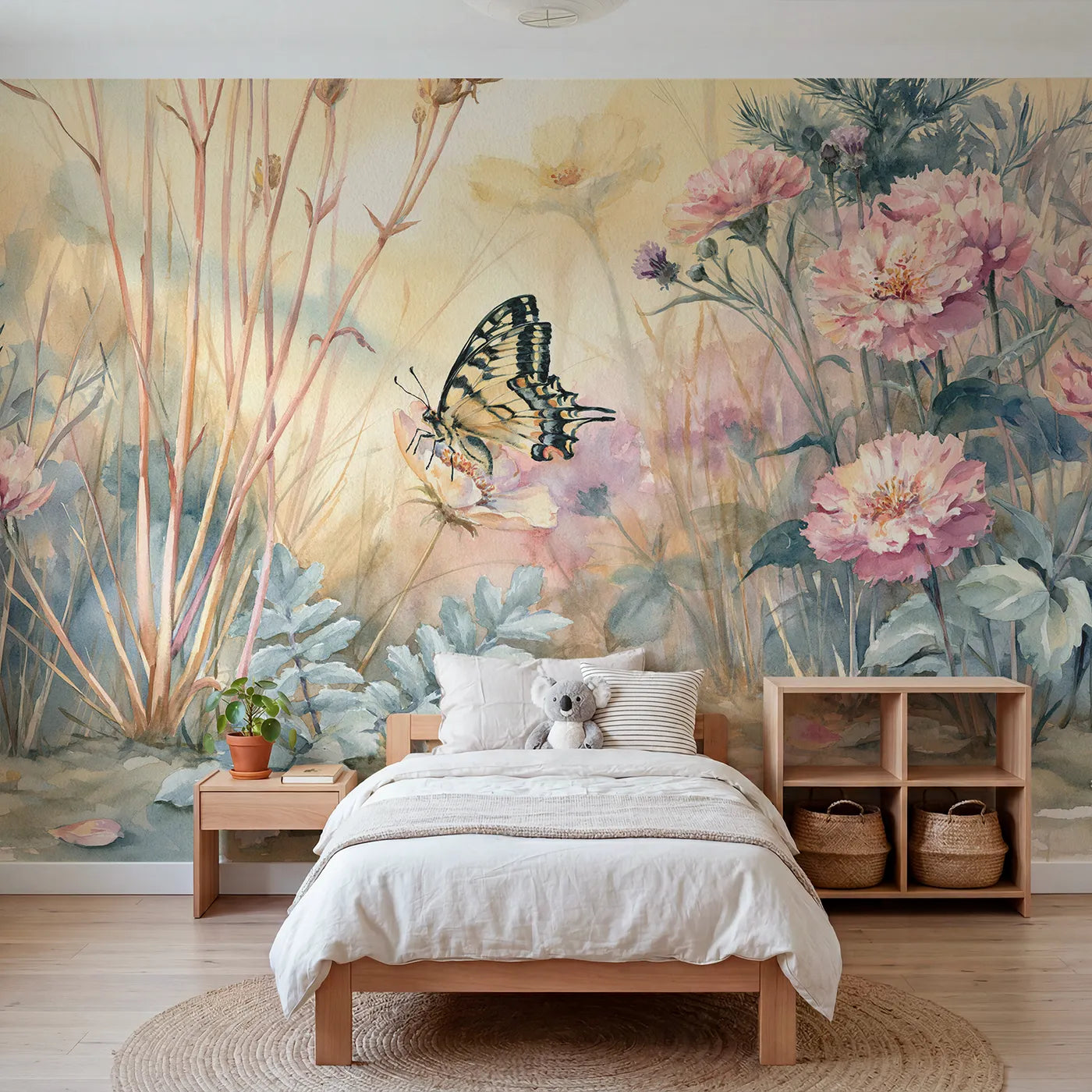 Watercolor wall mural of a swallowtail on a soft bloom by Whimsy Tots