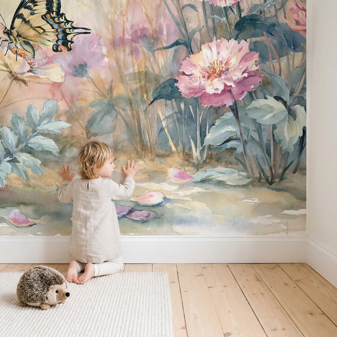 Child in nursery with Swallowtail Wing Study Wallpaper Mural by Whimsy Tots