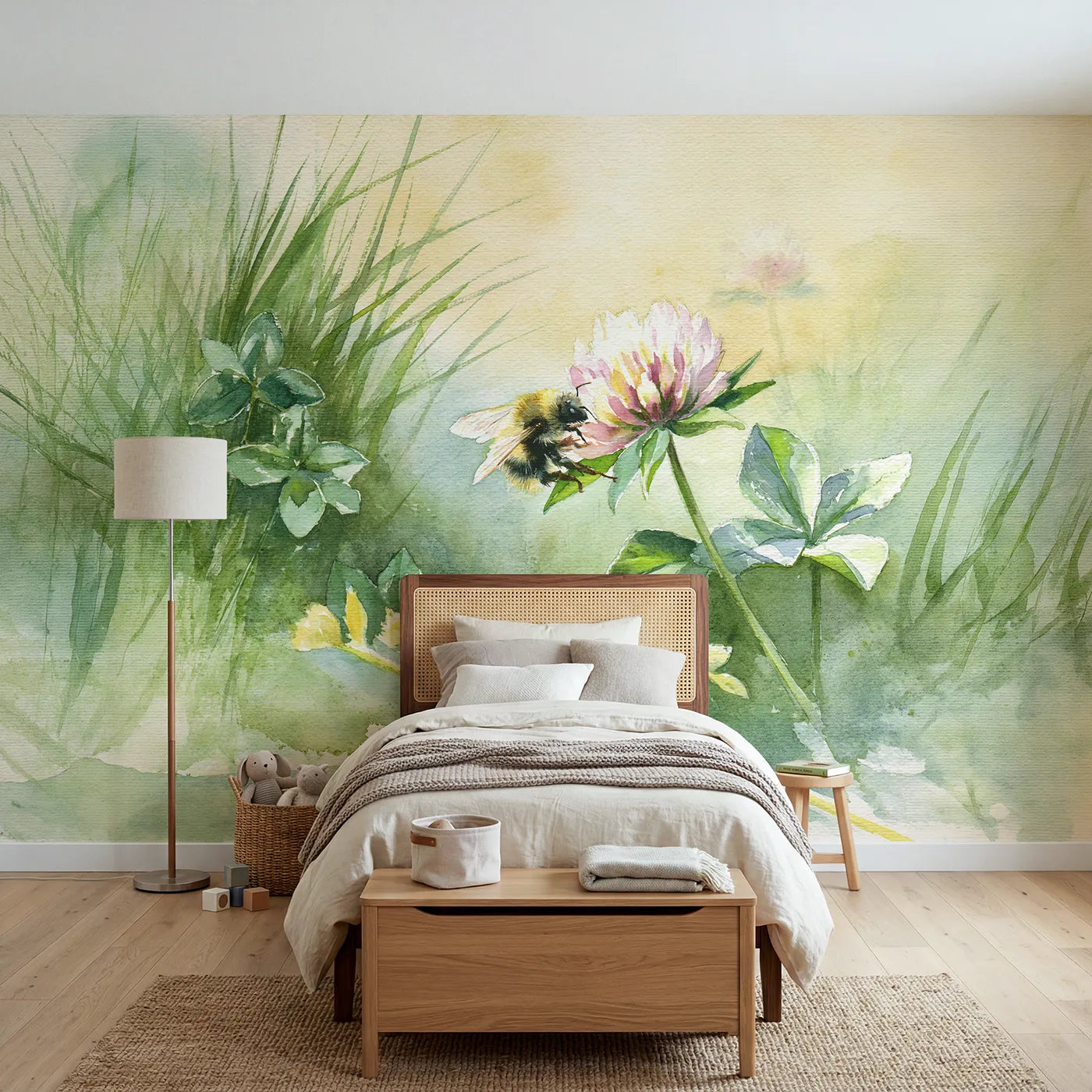 Watercolor wall mural of a bumblebee on soft clover by Whimsy Tots