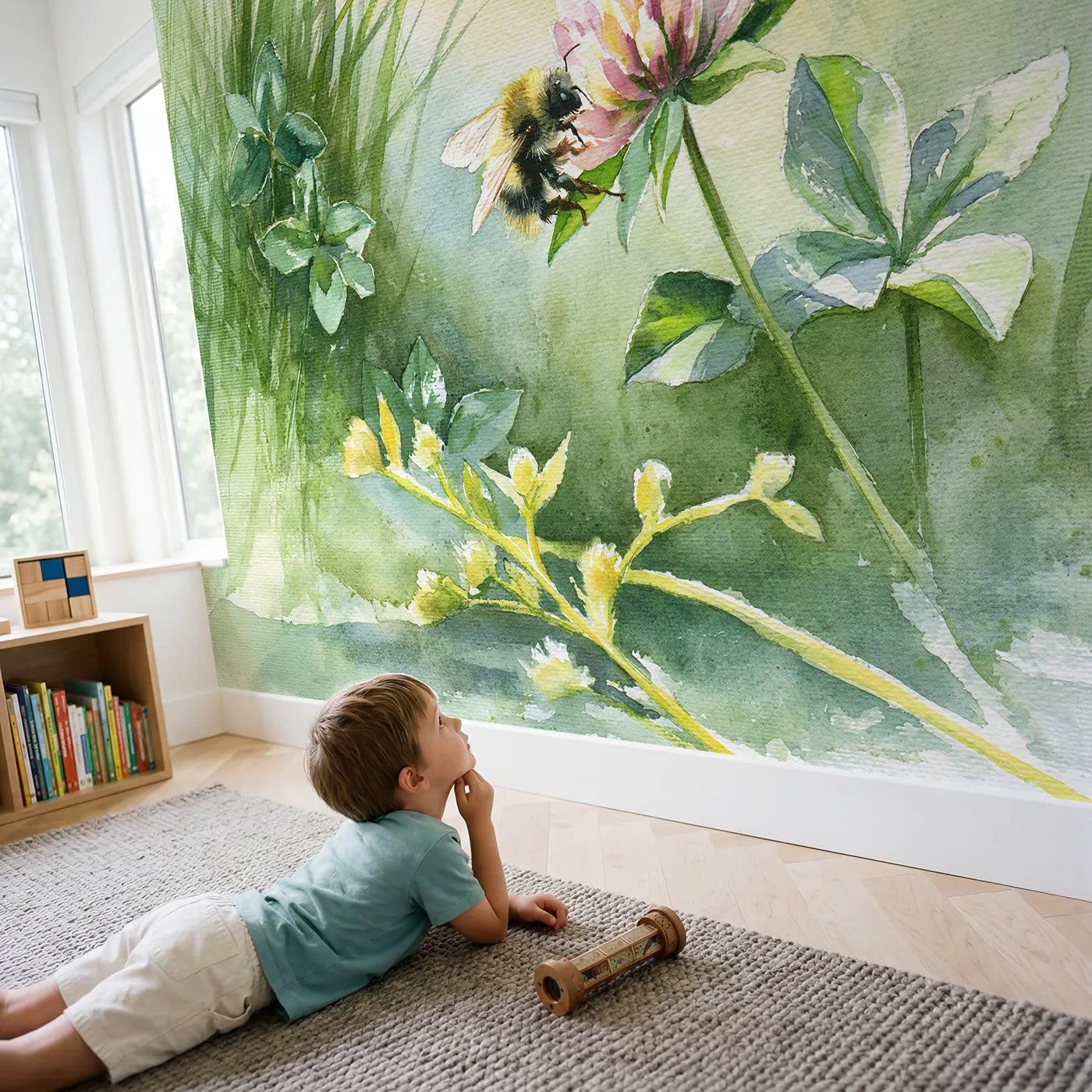 Child in nursery with Bumblebee Clover Study Wallpaper Mural by Whimsy Tots