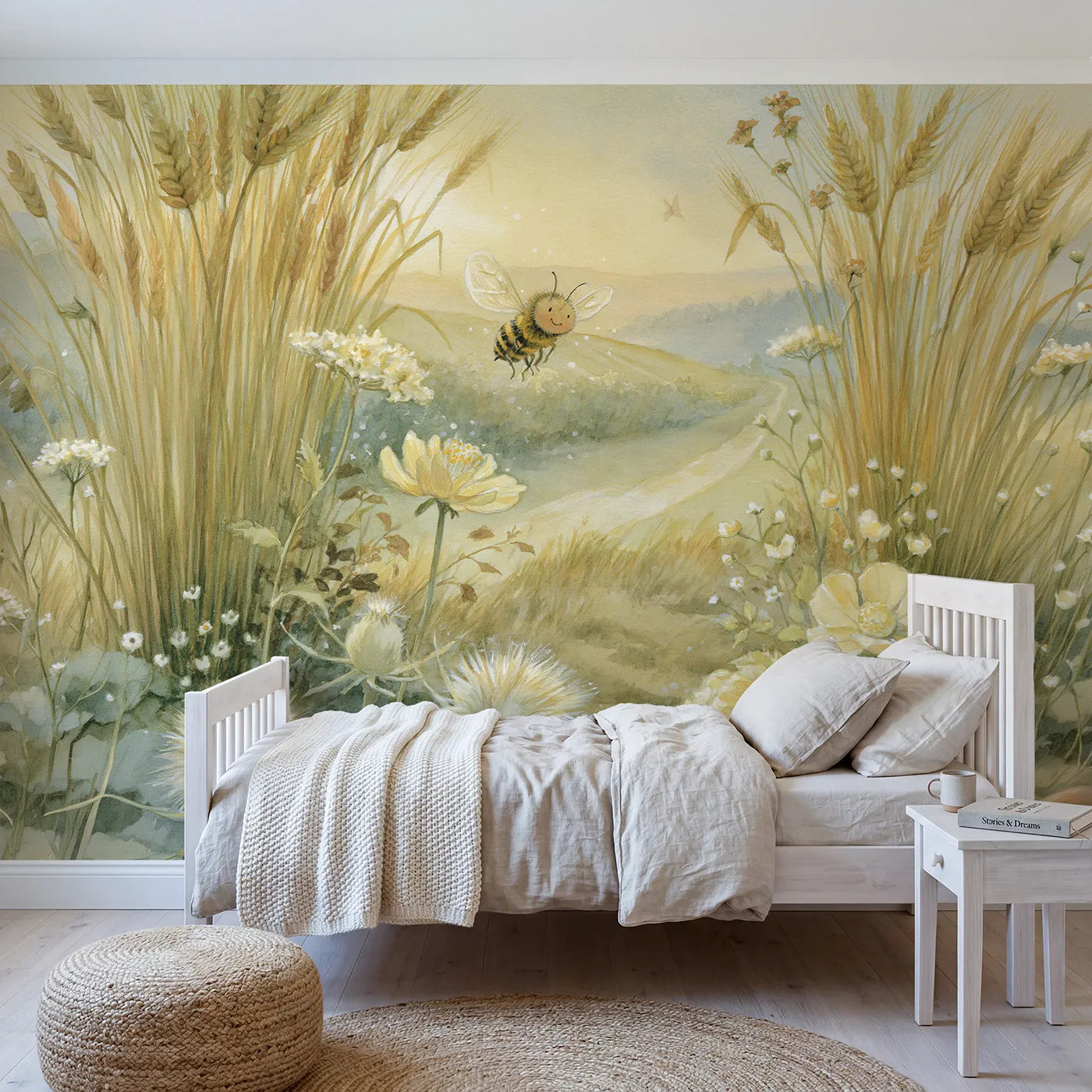 Storybook wall mural of a cheerful smiling garden bee by Whimsy Tots