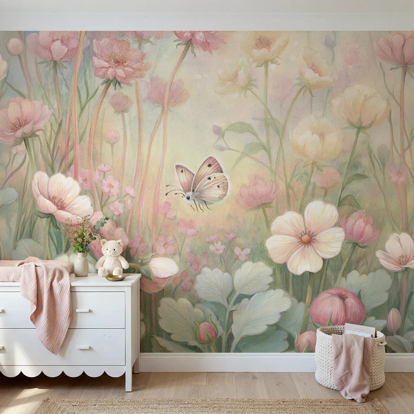 Storybook wall mural of a happy little butterfly by Whimsy Tots