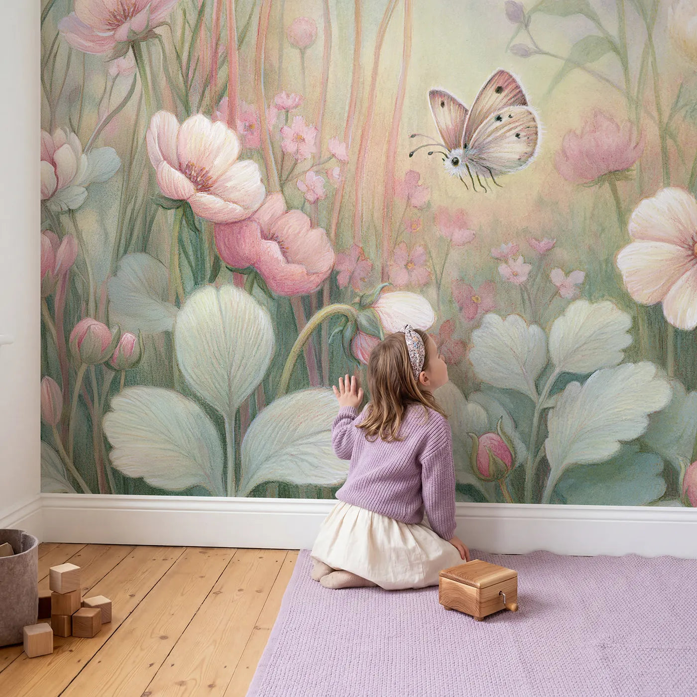 Child in nursery with Happy Little Butterfly Wallpaper Mural by Whimsy Tots