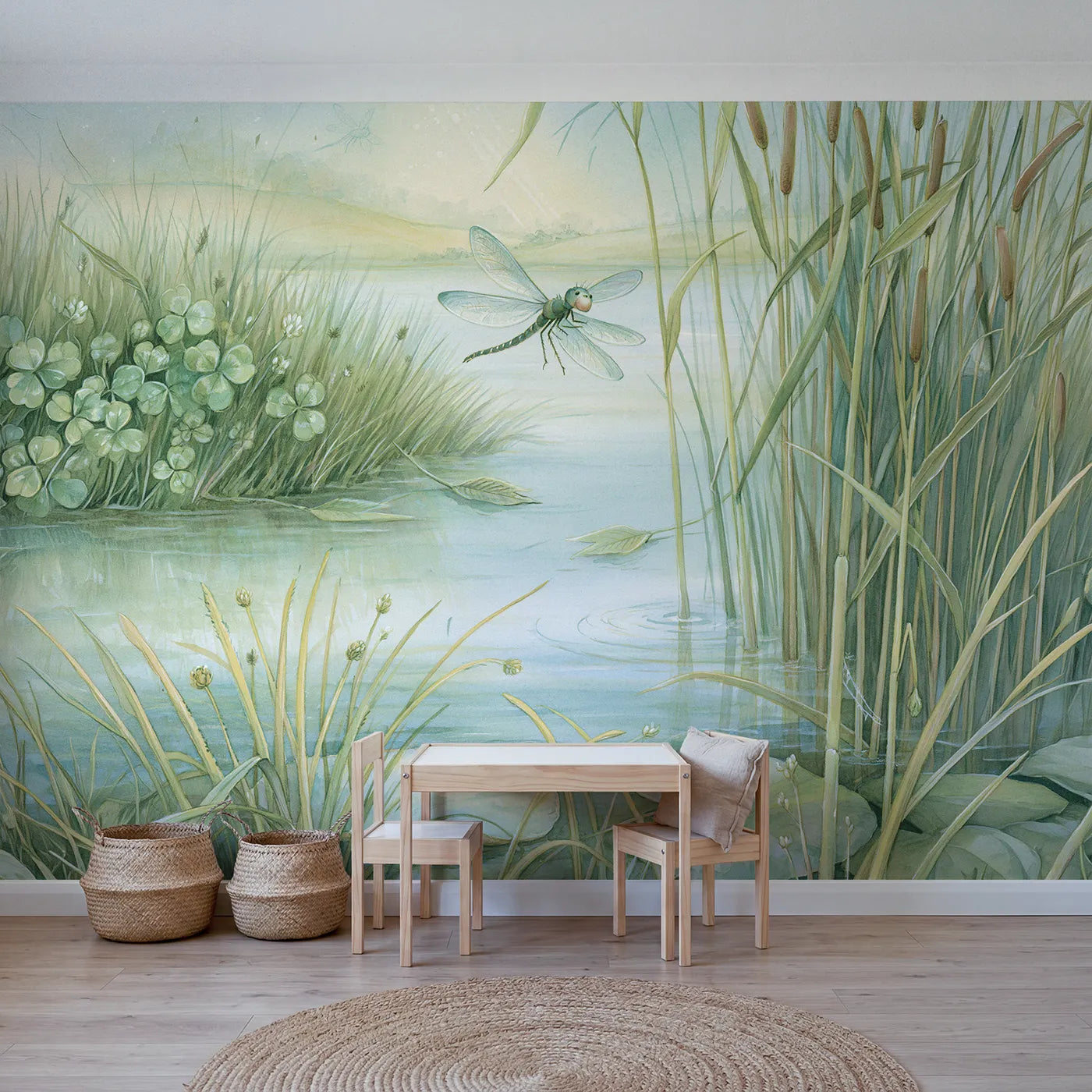 Storybook wall mural of a friendly pond dragonfly by Whimsy Tots