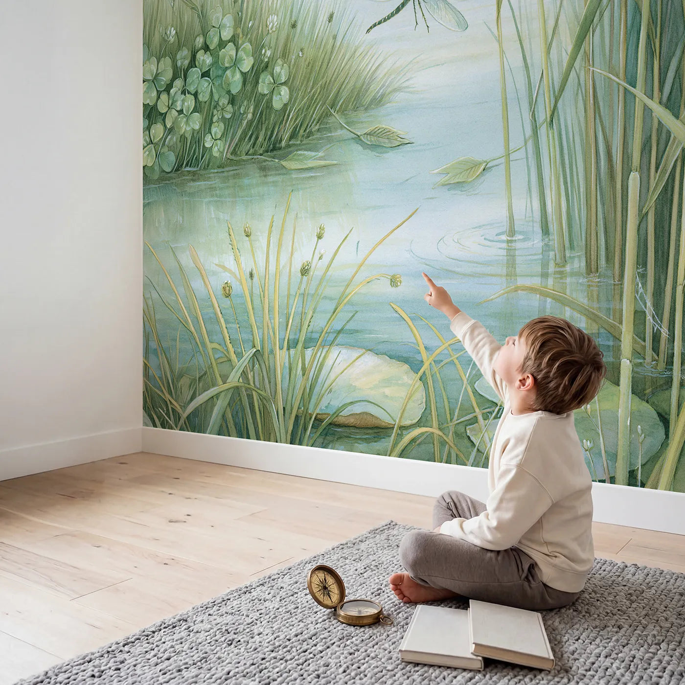 Child in nursery with Dragonfly Pond Friend Wallpaper Mural by Whimsy Tots