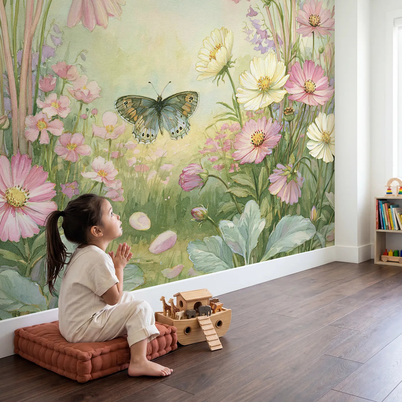 Child in nursery with Butterfly Flower Dance Wallpaper Mural by Whimsy Tots