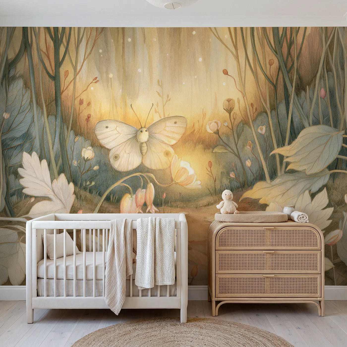 Storybook wall mural of a gentle moth by a glowing flower by Whimsy Tots