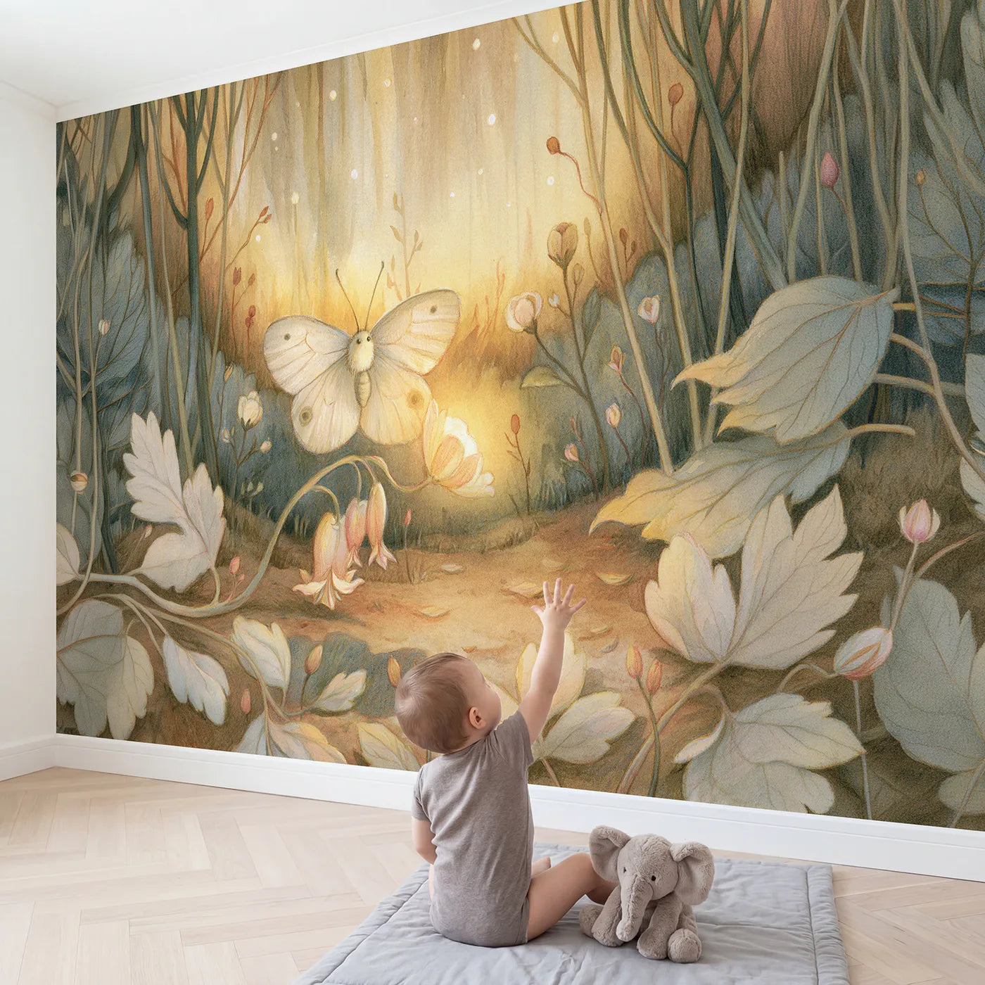 Child in nursery with Sleepy Garden Moth Wallpaper Mural by Whimsy Tots