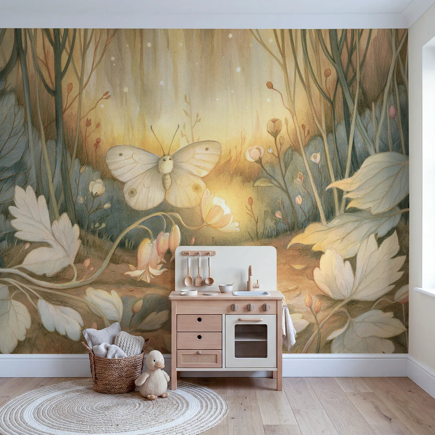 Sleepy Garden Moth Wallpaper Mural in playroom setting by Whimsy Tots