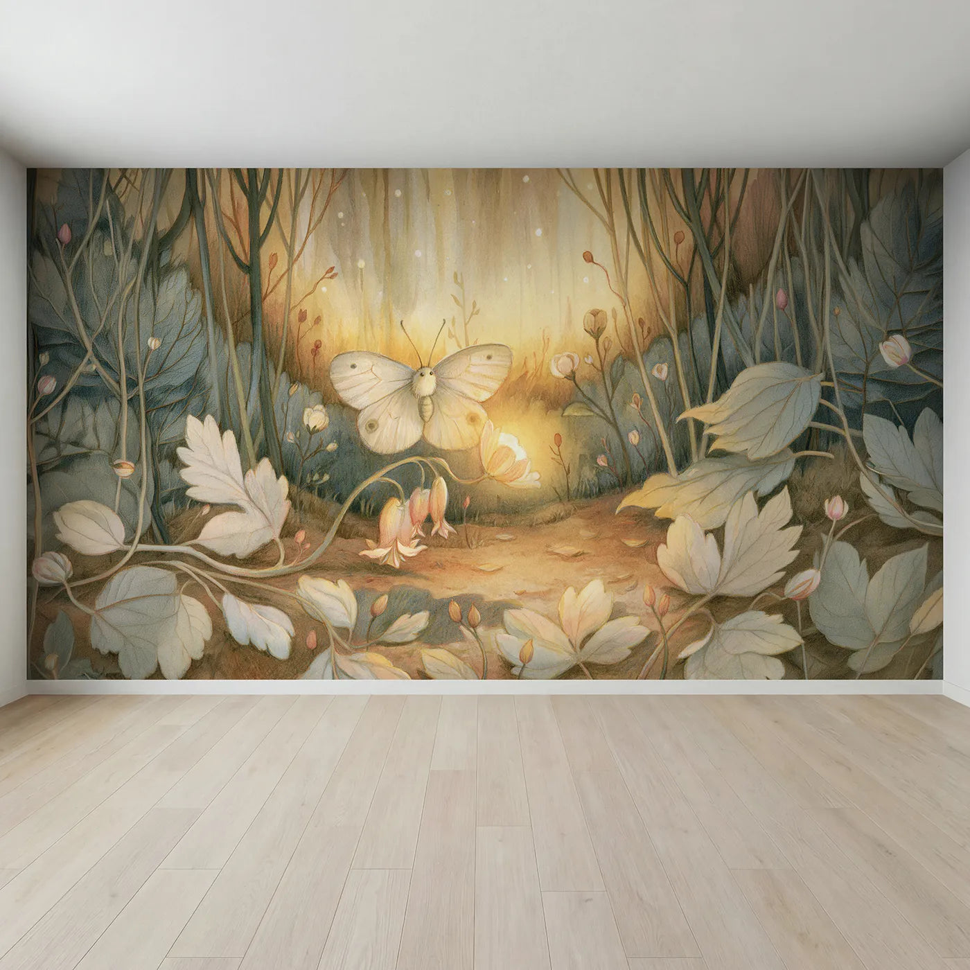 Full view of Sleepy Garden Moth Wallpaper Mural by Whimsy Tots