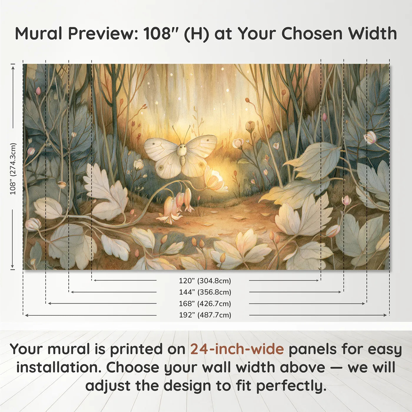 Panel layout and dimensions for Sleepy Garden Moth Wallpaper Mural by Whimsy Tots